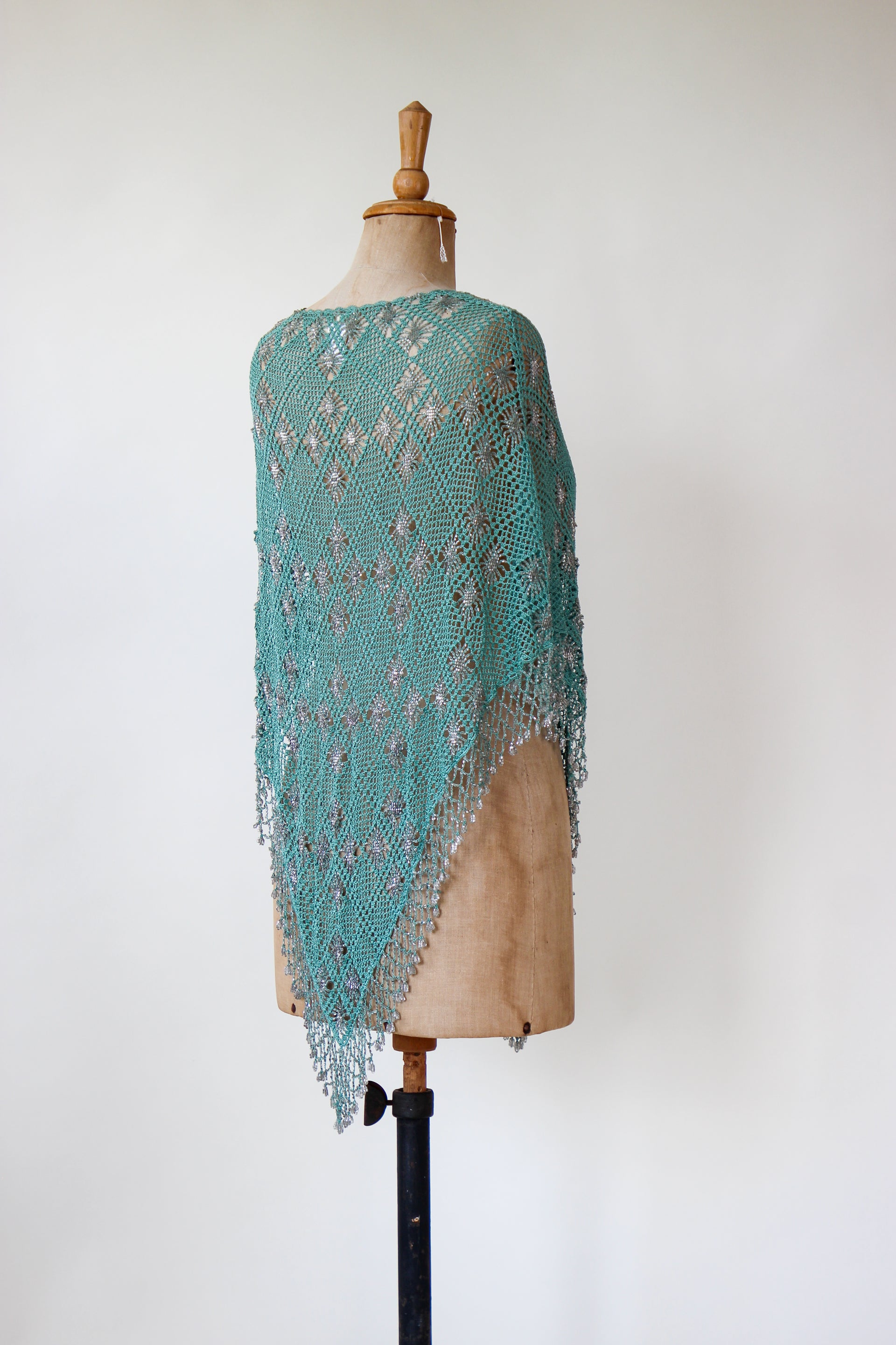 Vintage Turquoise Beaded Crochet Poncho