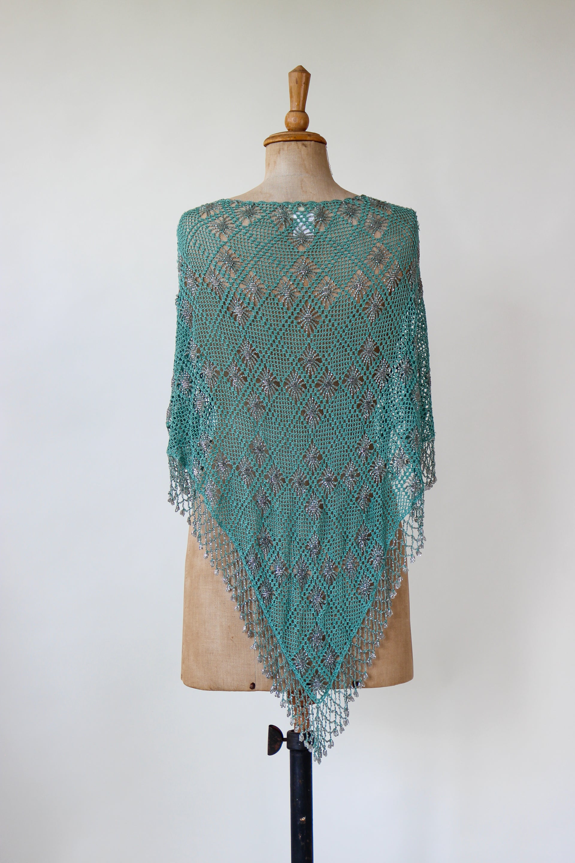 Vintage Turquoise Beaded Crochet Poncho