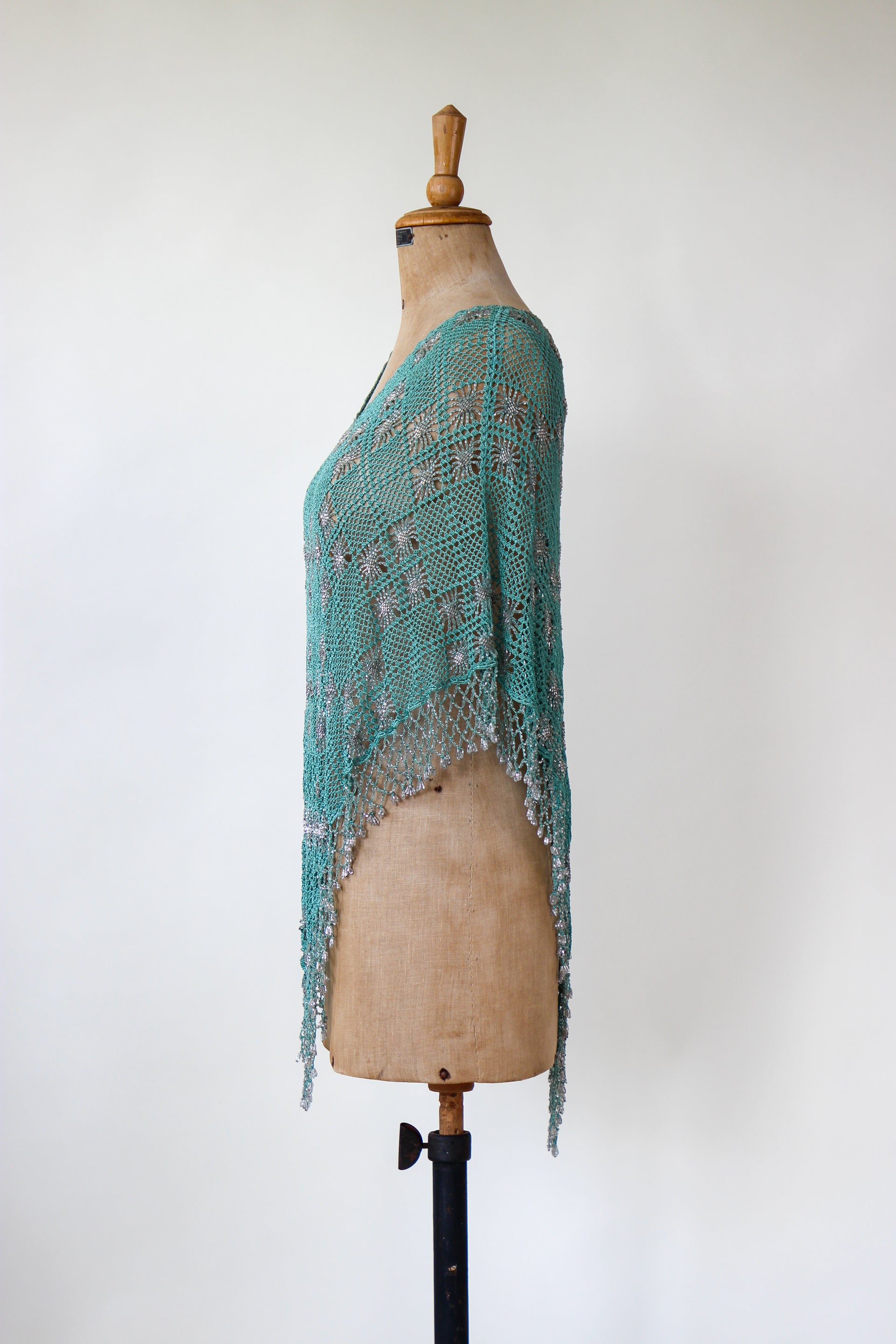 Vintage Turquoise Beaded Crochet Poncho