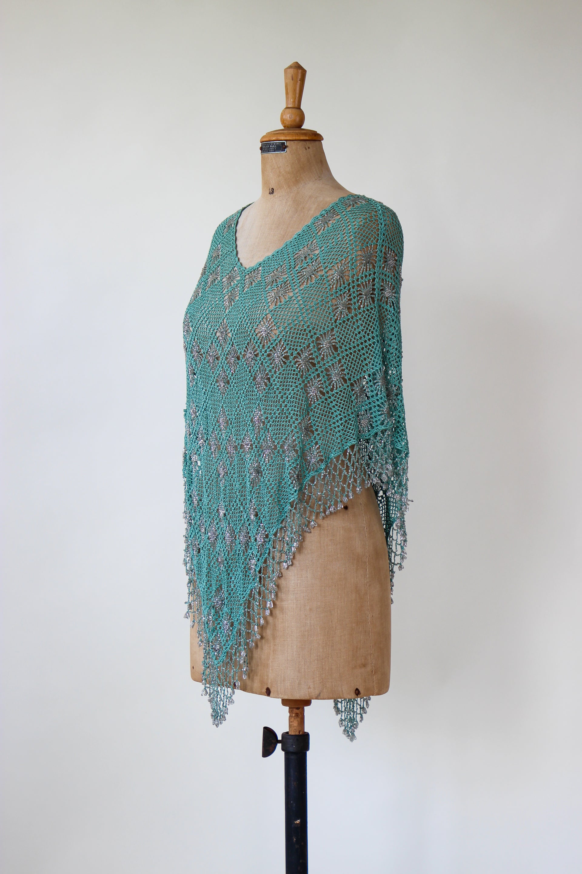 Vintage Turquoise Beaded Crochet Poncho