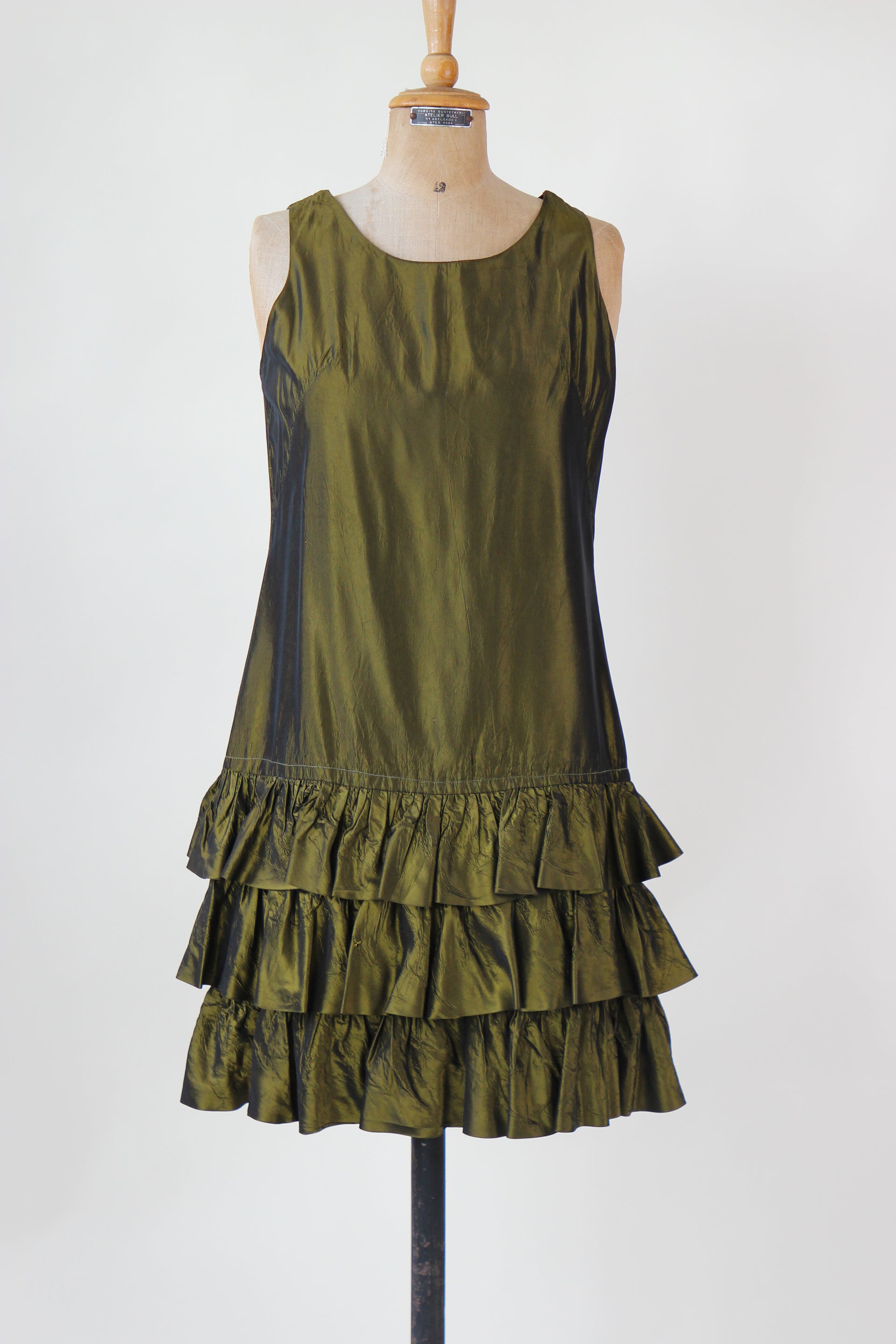 1960s Army Green Mini Dress with Ruffle Skirt // Size M