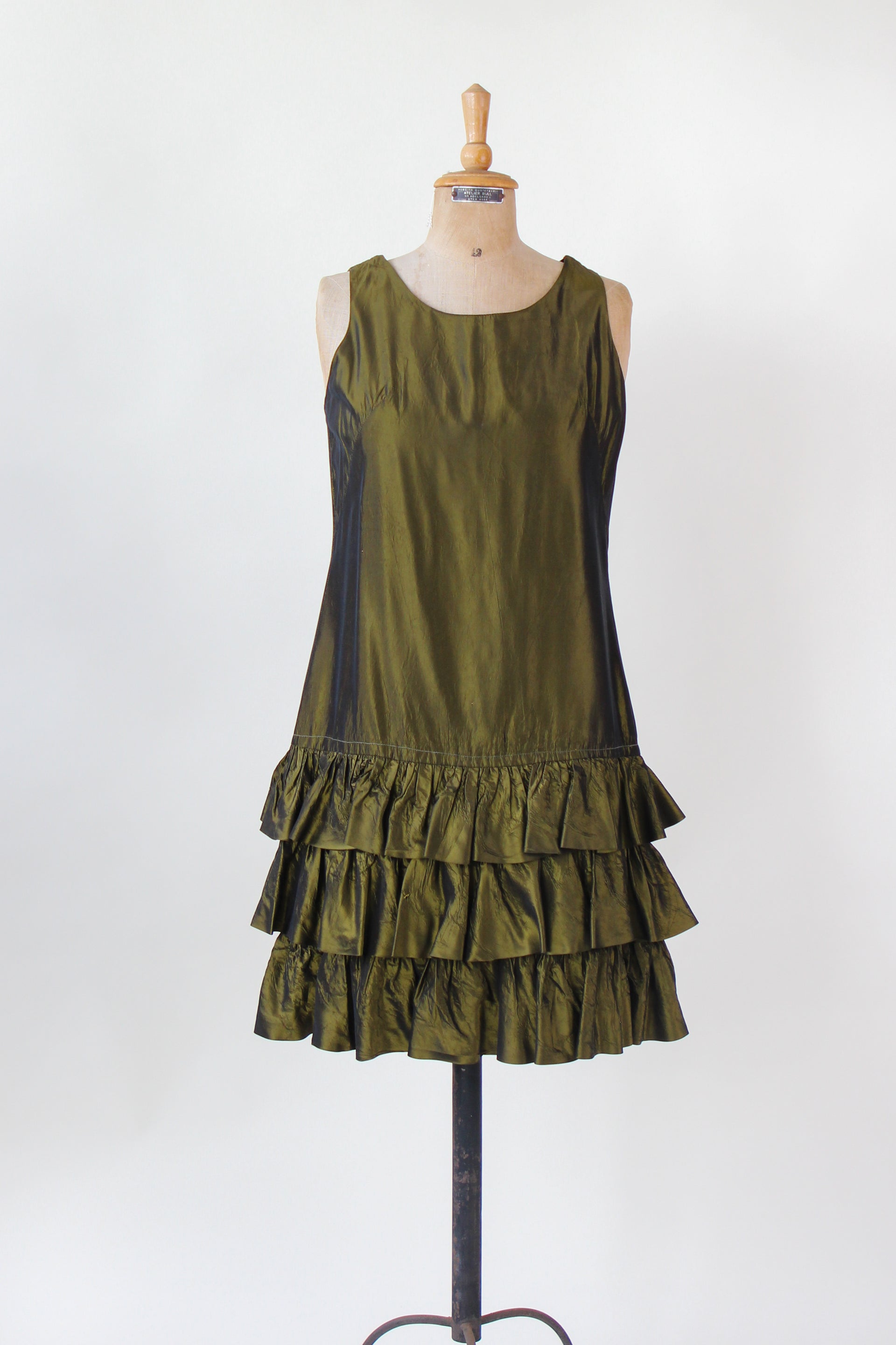 1960s Army Green Mini Dress with Ruffle Skirt // Size M