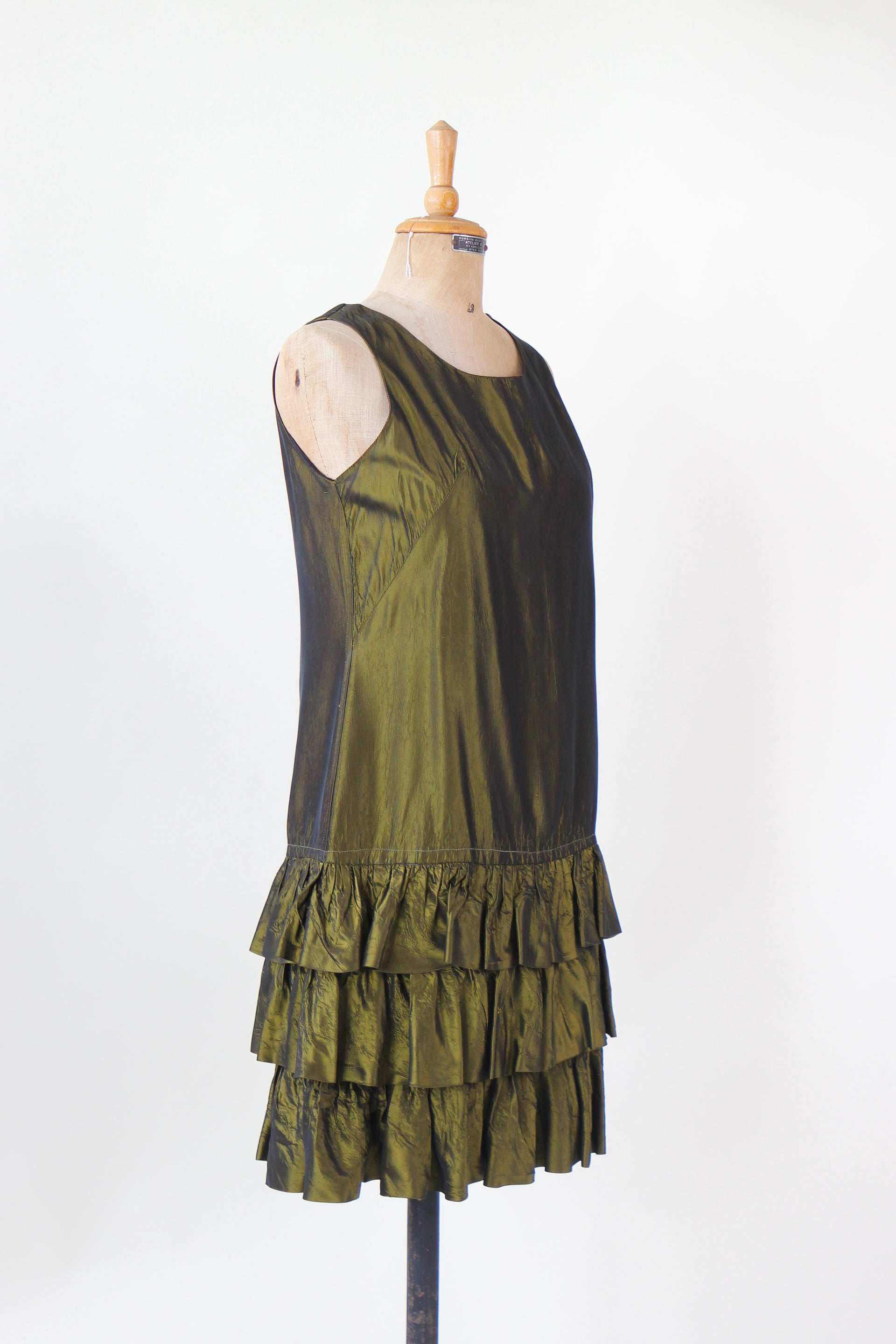 1960s Army Green Mini Dress with Ruffle Skirt // Size M