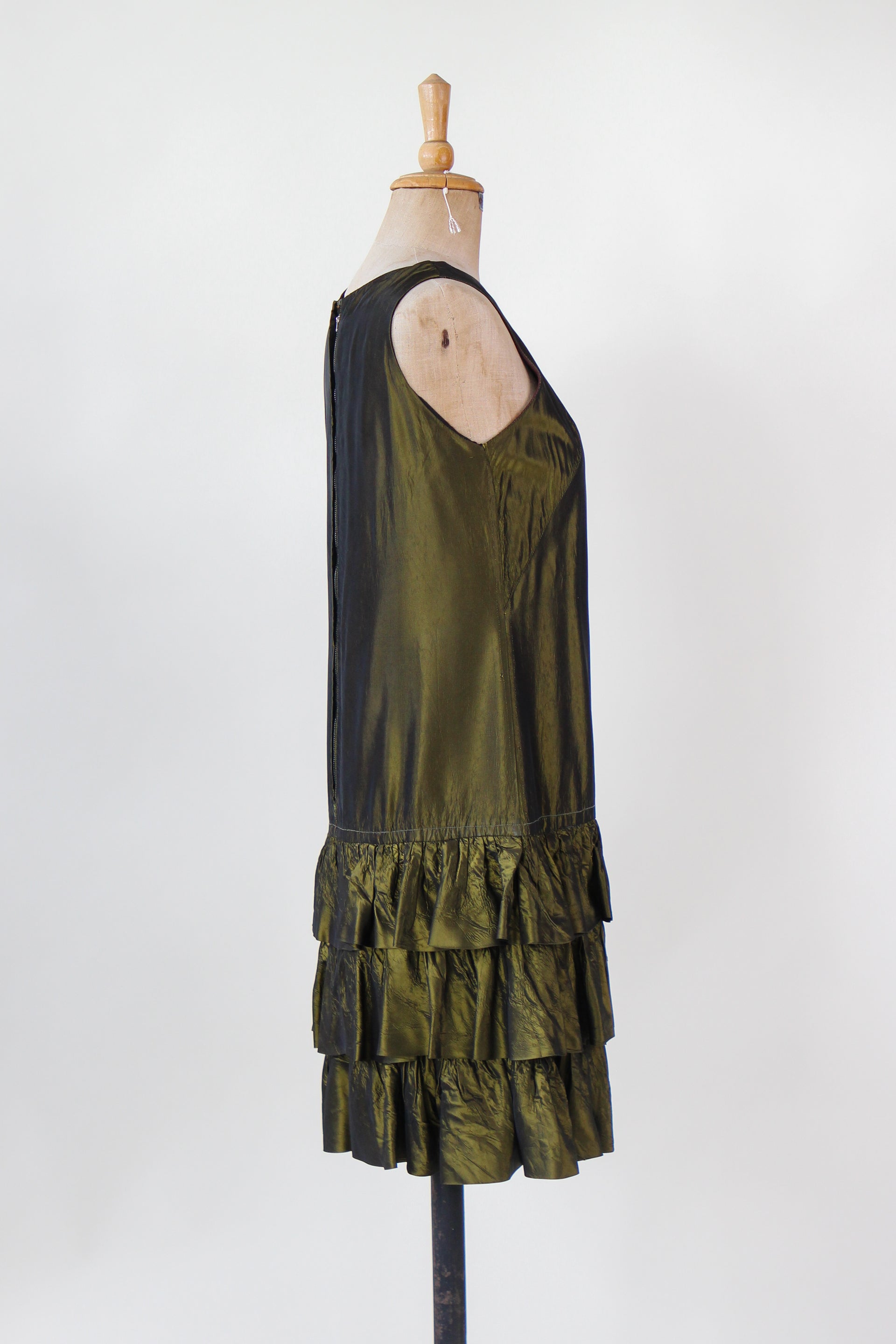 1960s Army Green Mini Dress with Ruffle Skirt // Size M