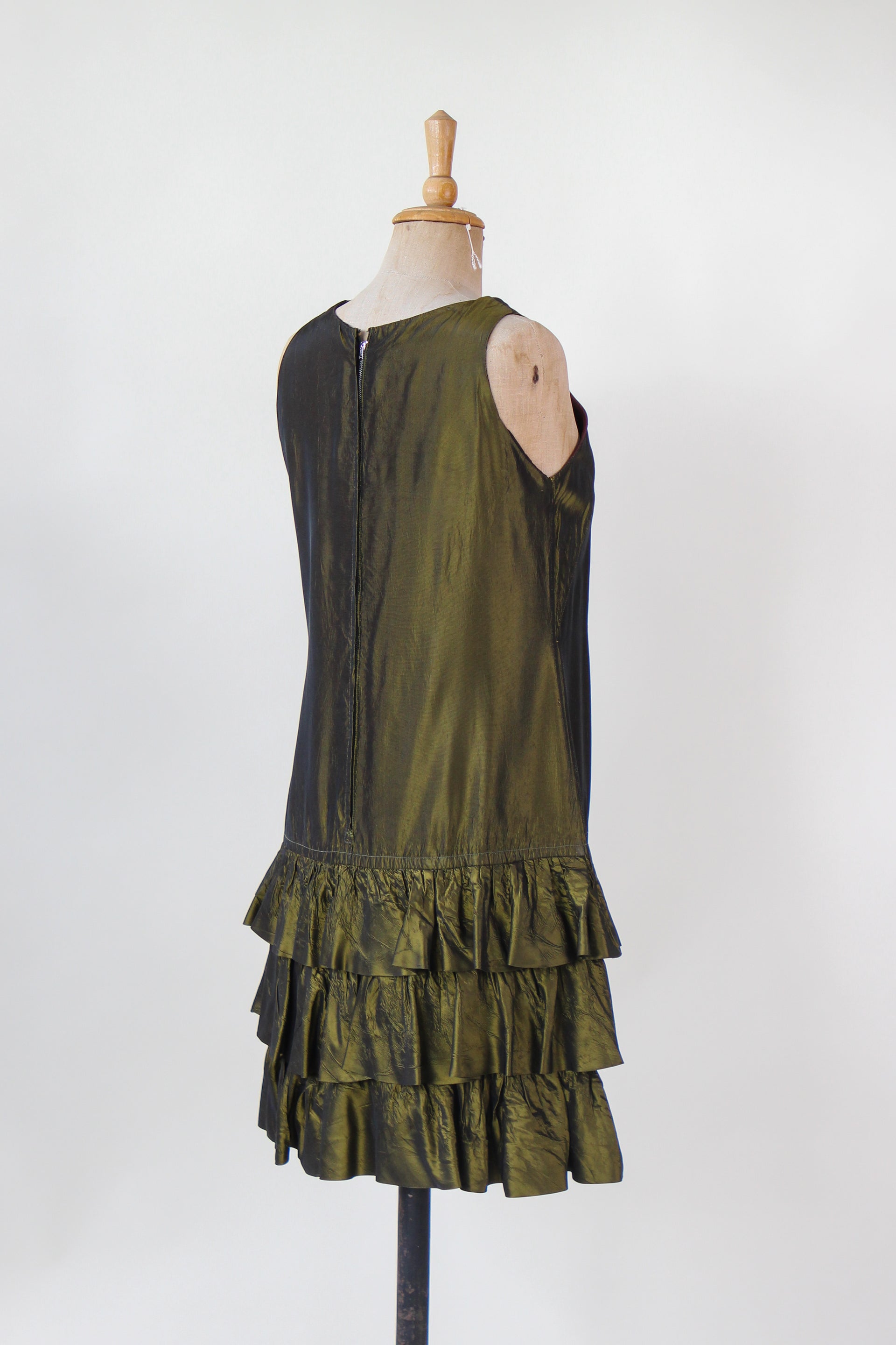 1960s Army Green Mini Dress with Ruffle Skirt // Size M