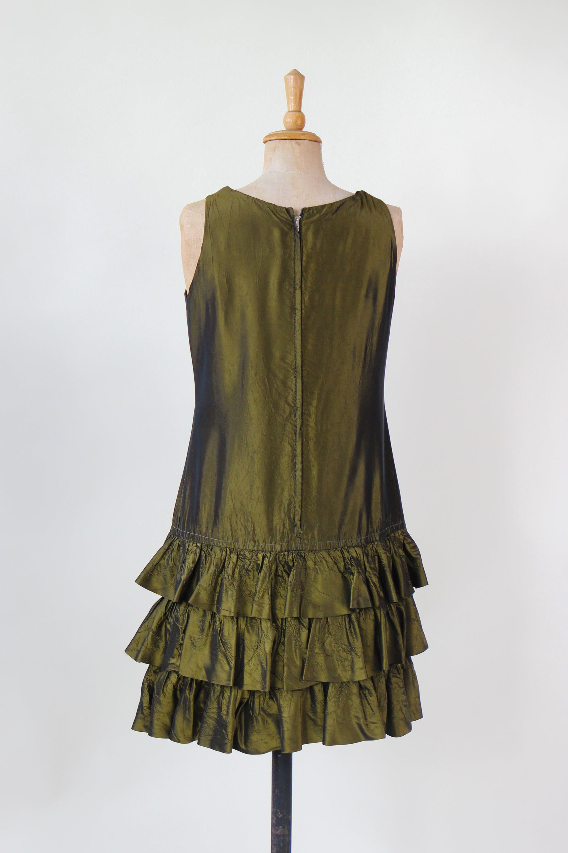 1960s Army Green Mini Dress with Ruffle Skirt // Size M