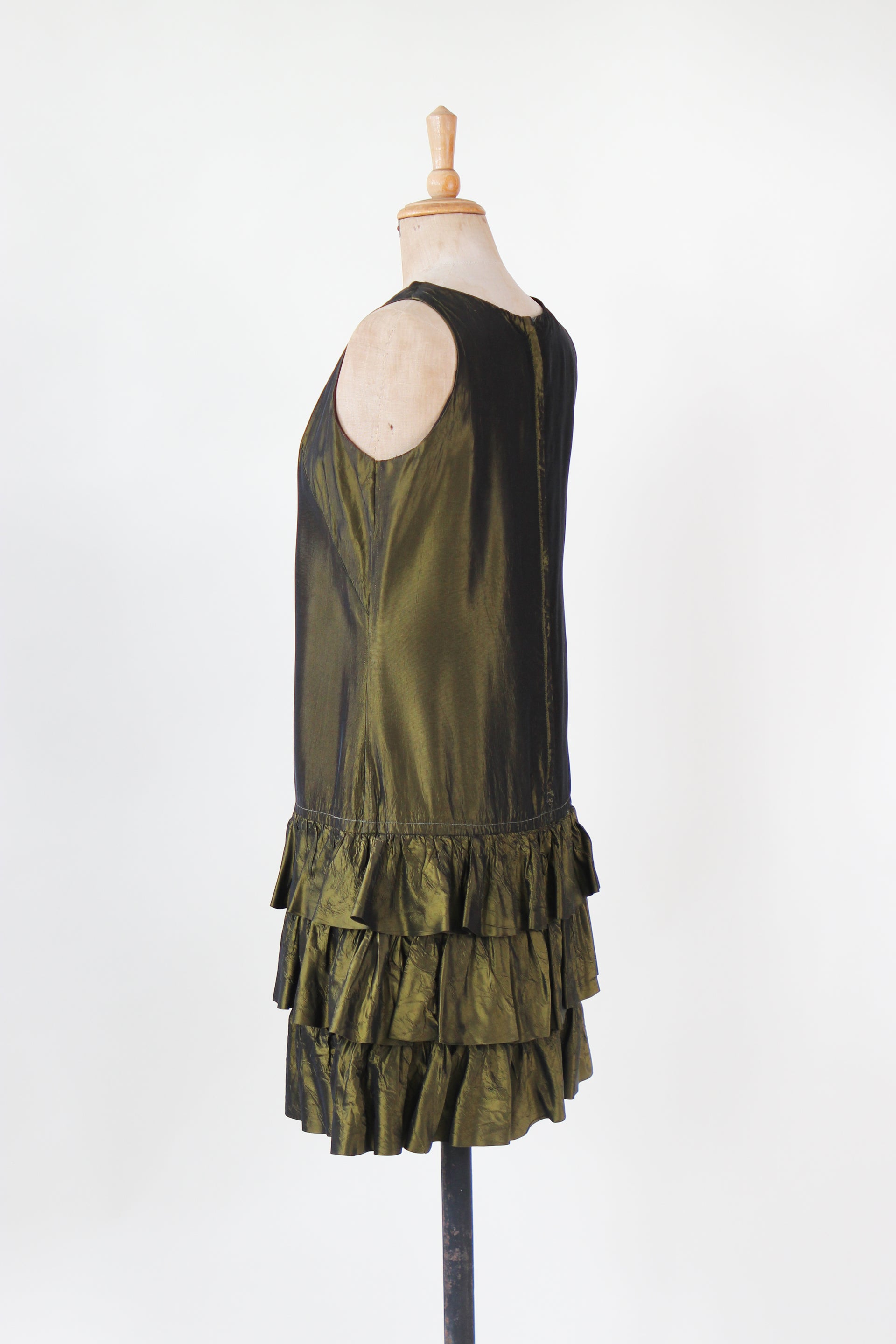 1960s Army Green Mini Dress with Ruffle Skirt // Size M