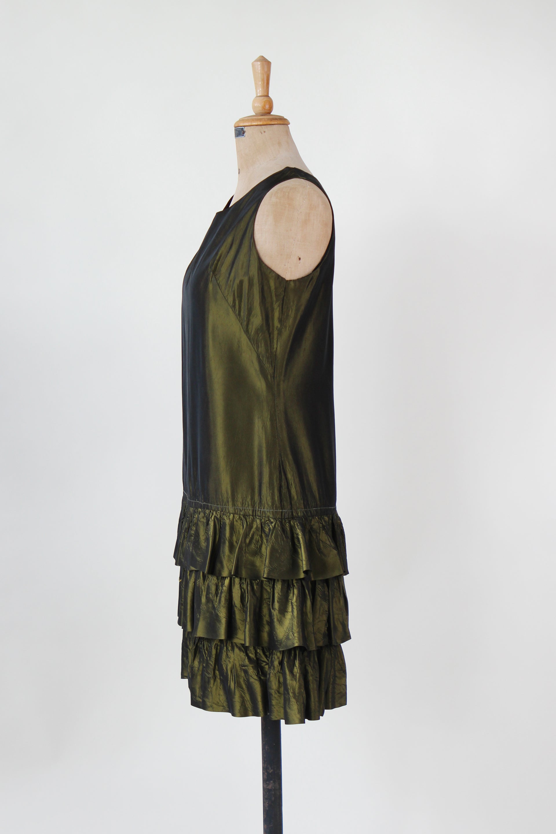 1960s Army Green Mini Dress with Ruffle Skirt // Size M