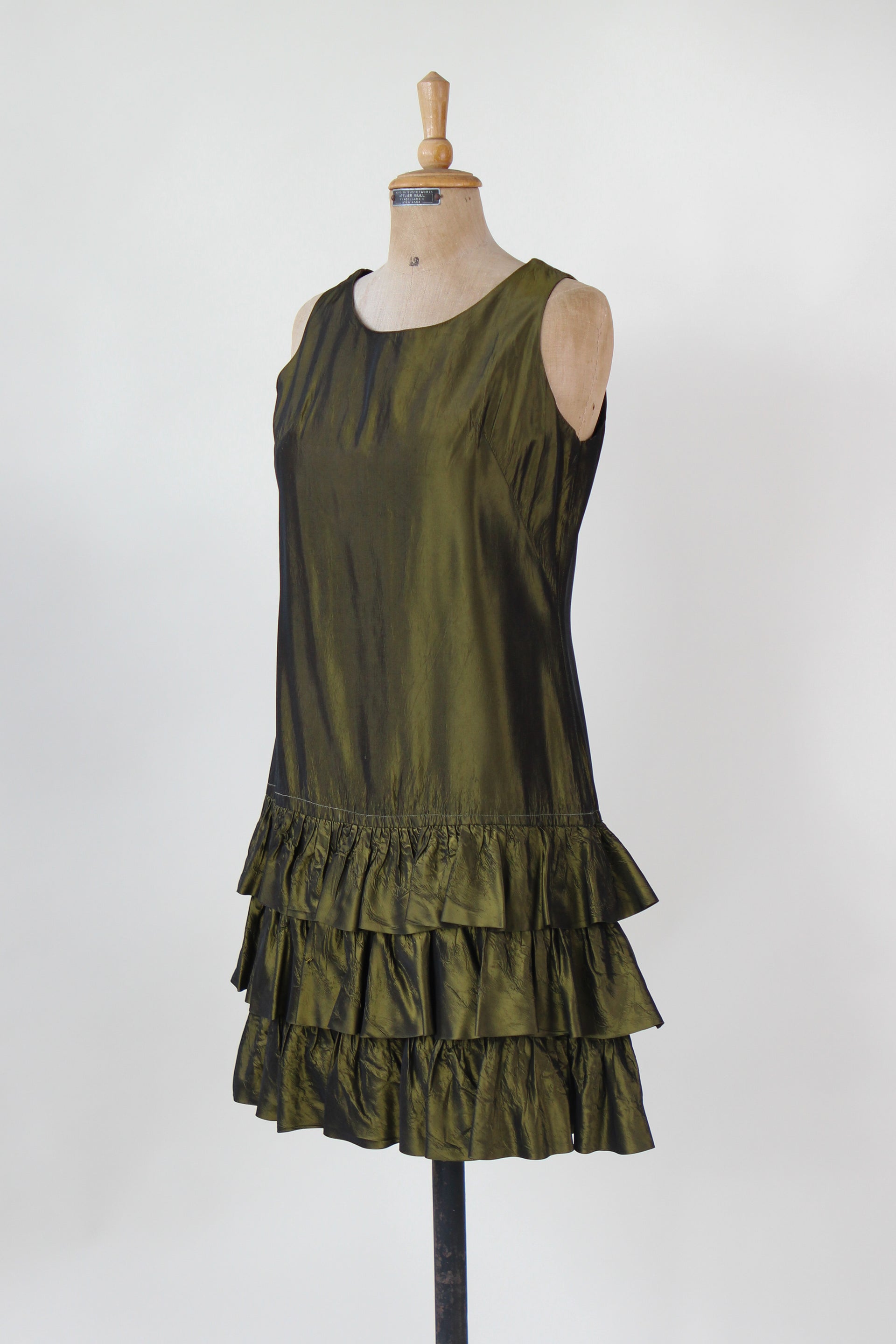 1960s Army Green Mini Dress with Ruffle Skirt // Size M