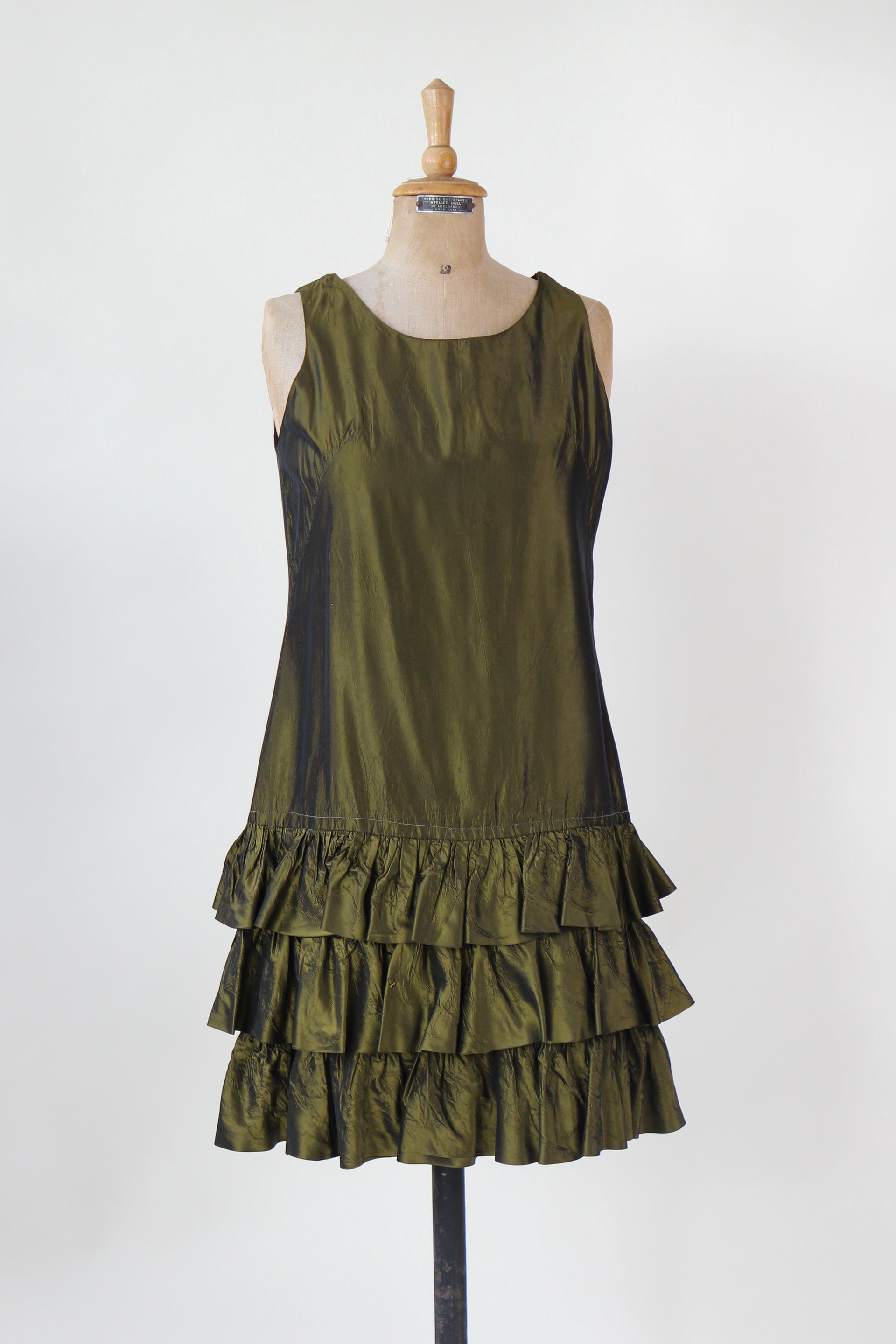 1960s Army Green Mini Dress with Ruffle Skirt // Size M