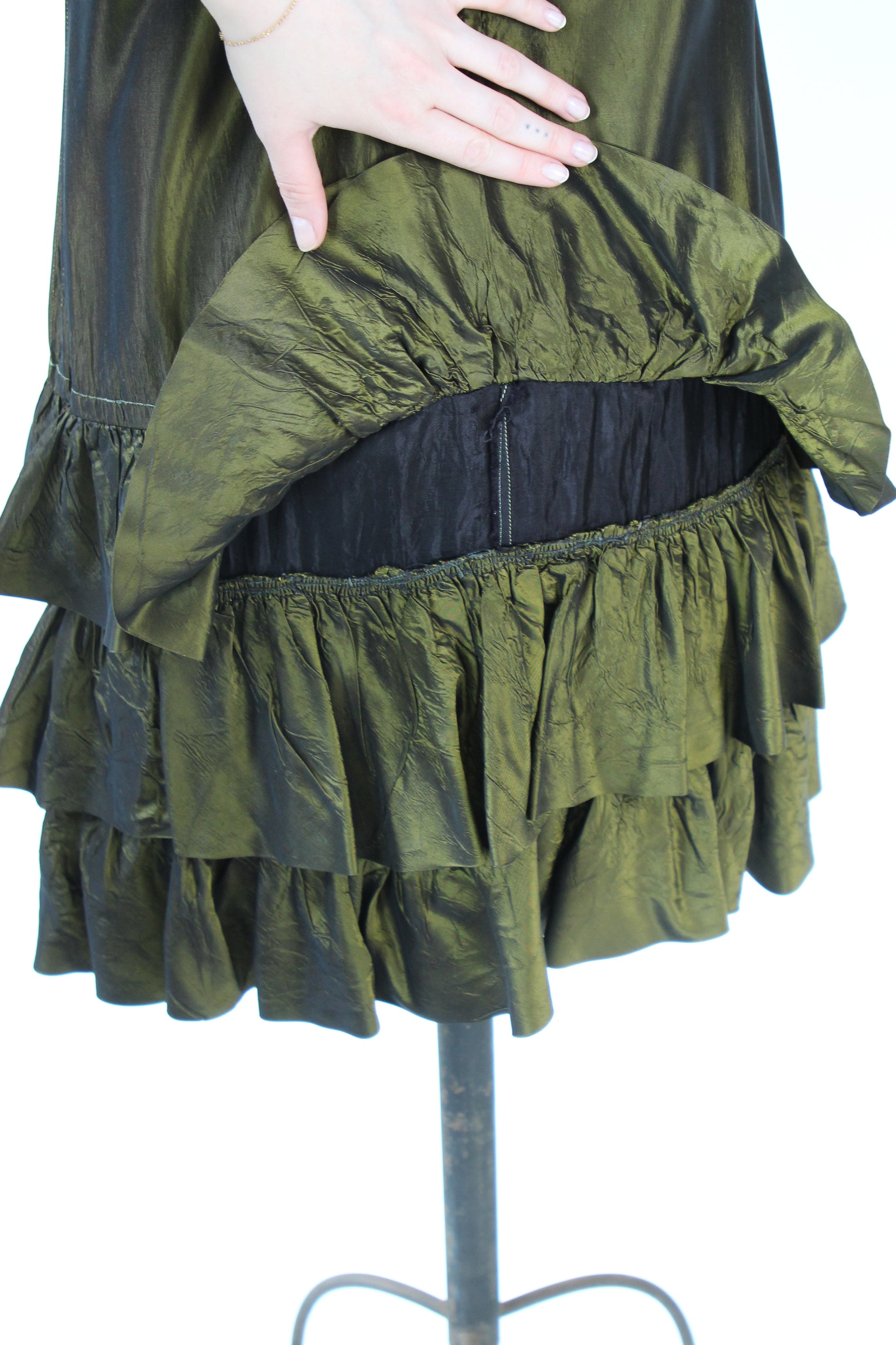 1960s Army Green Mini Dress with Ruffle Skirt // Size M
