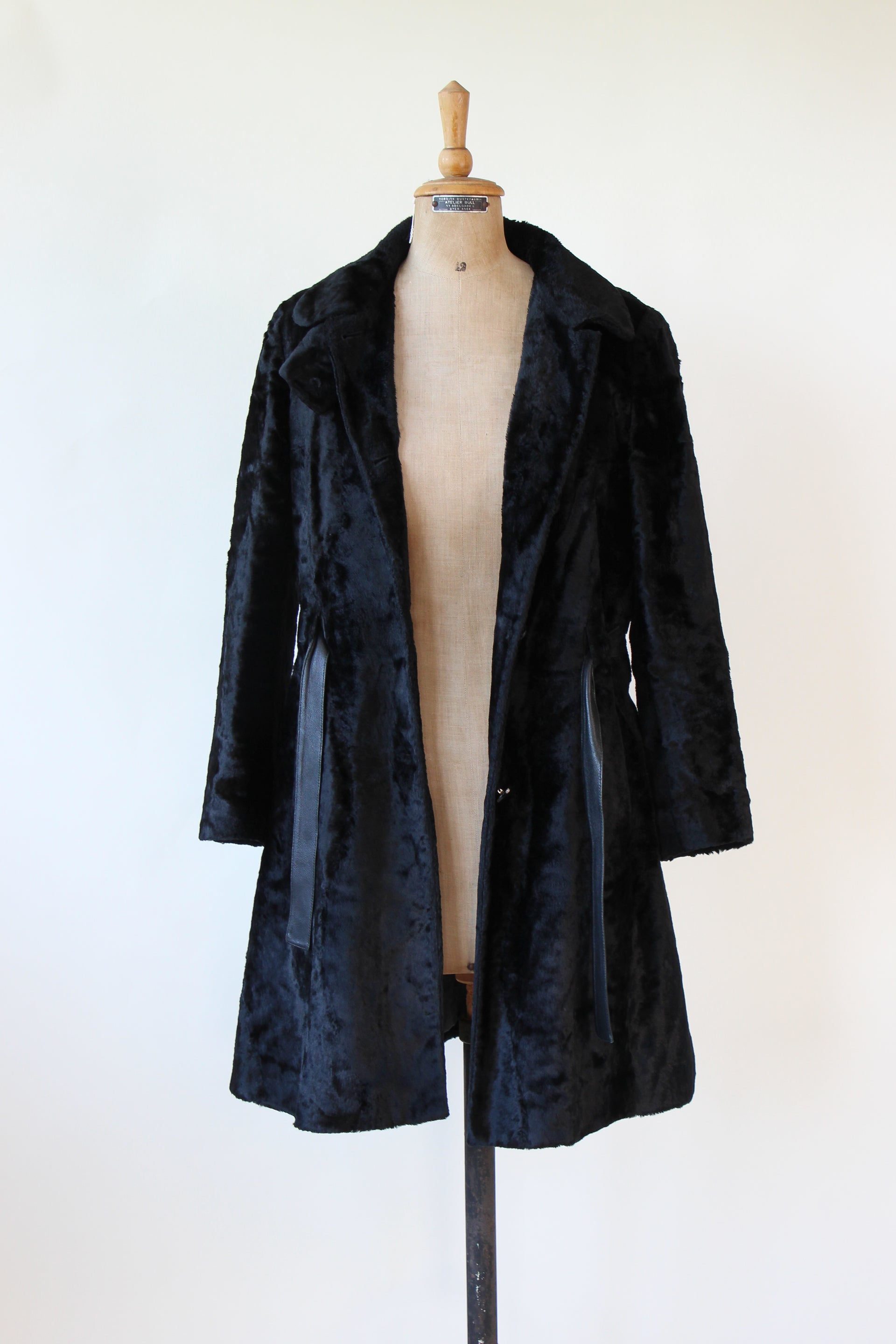 1980s Vintage Emporio Armani, Italy Black Belted Faux Fur Coat // Size M