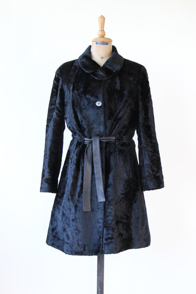 1980s Vintage Emporio Armani, Italy Black Belted Faux Fur Coat // Size M