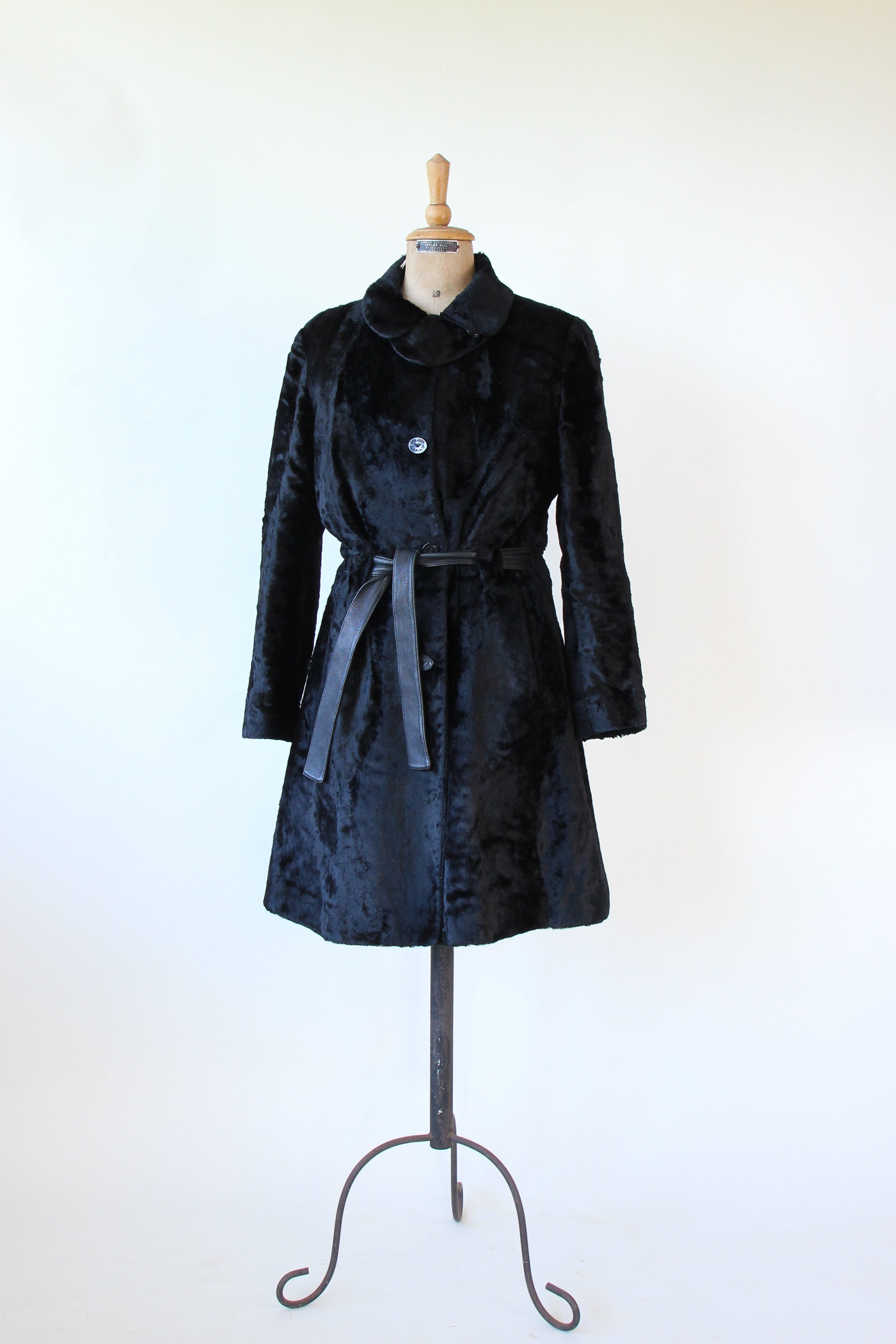 1980s Vintage Emporio Armani, Italy Black Belted Faux Fur Coat // Size M