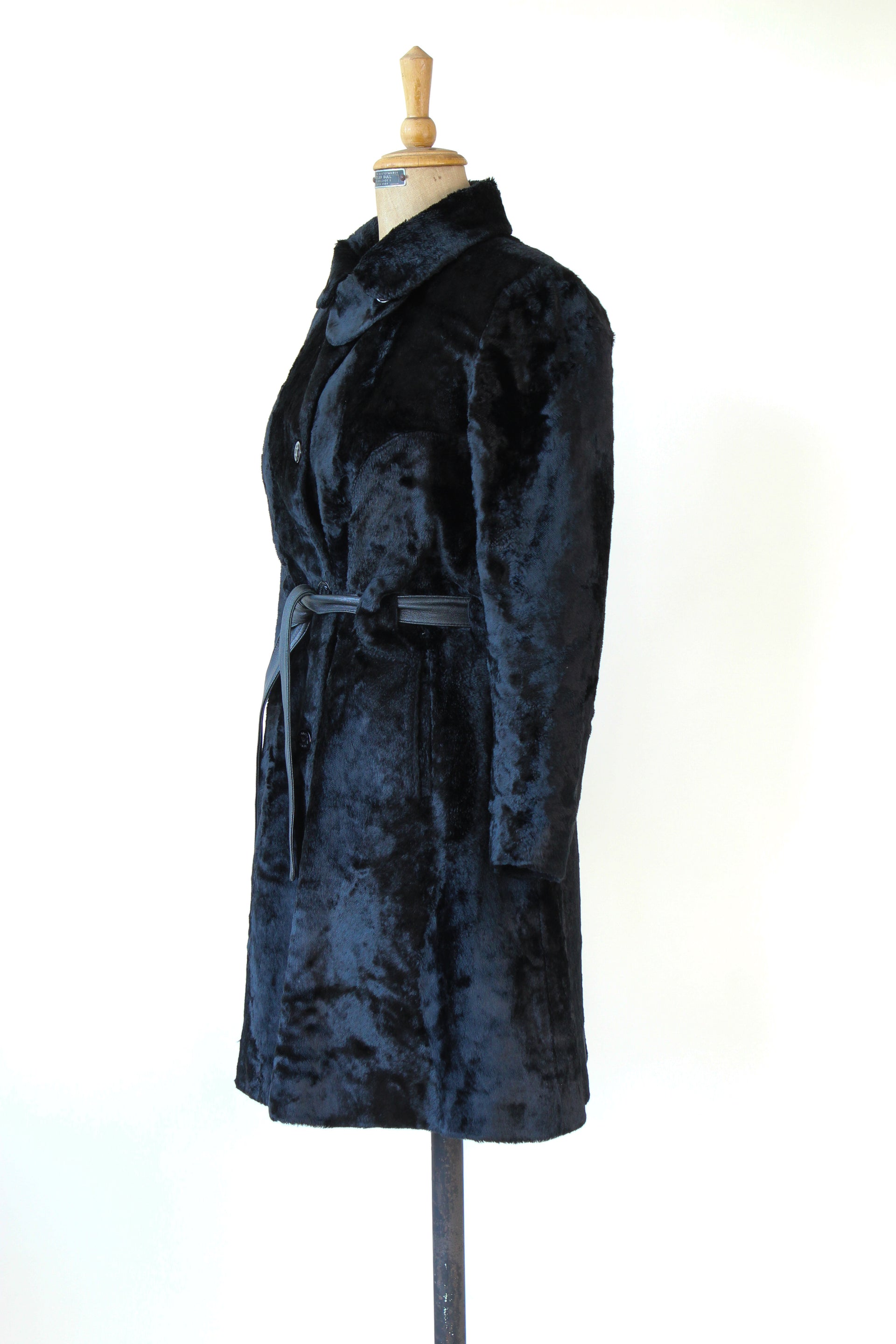 1980s Vintage Emporio Armani, Italy Black Belted Faux Fur Coat // Size M