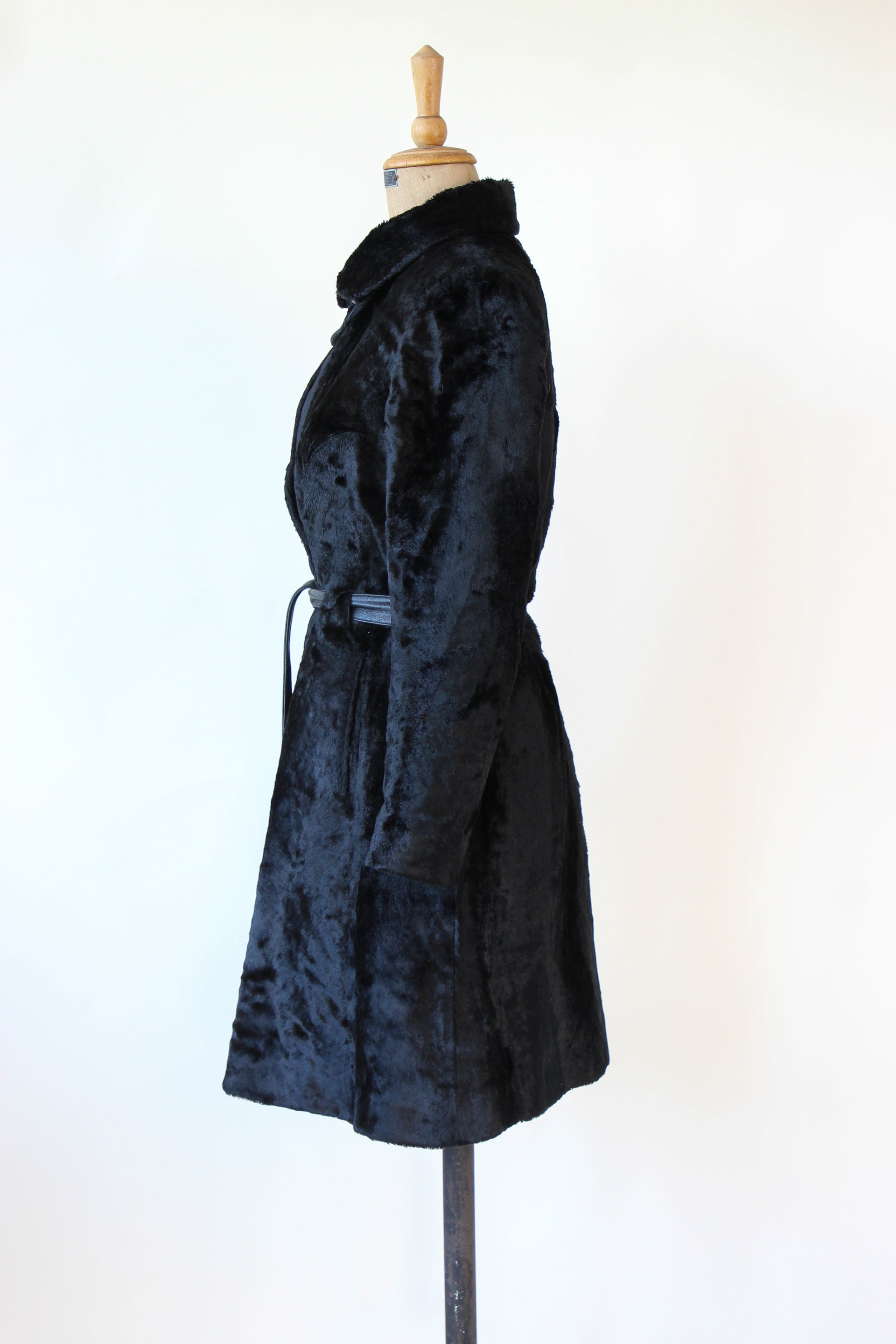 1980s Vintage Emporio Armani, Italy Black Belted Faux Fur Coat // Size M