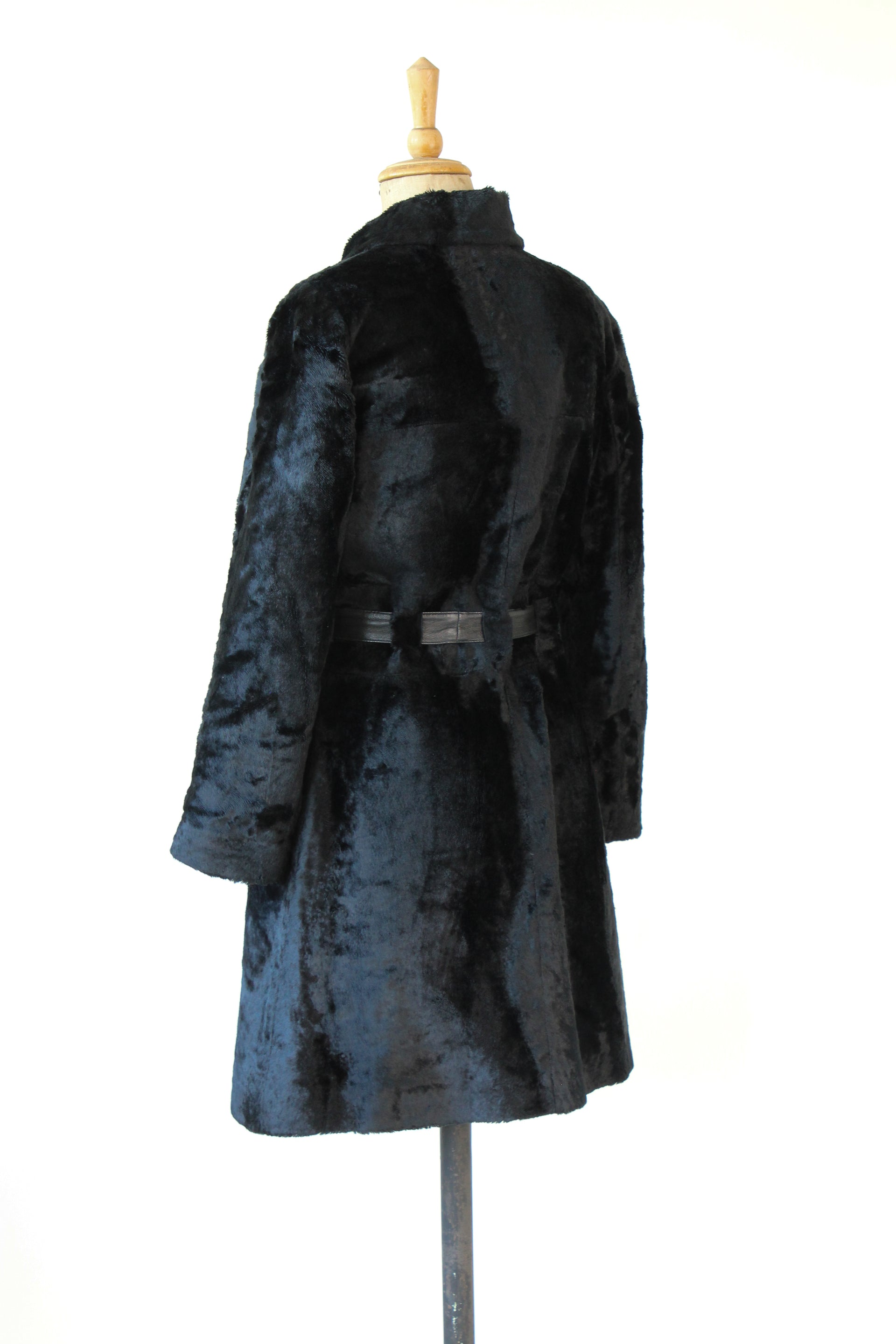 1980s Vintage Emporio Armani, Italy Black Belted Faux Fur Coat // Size M