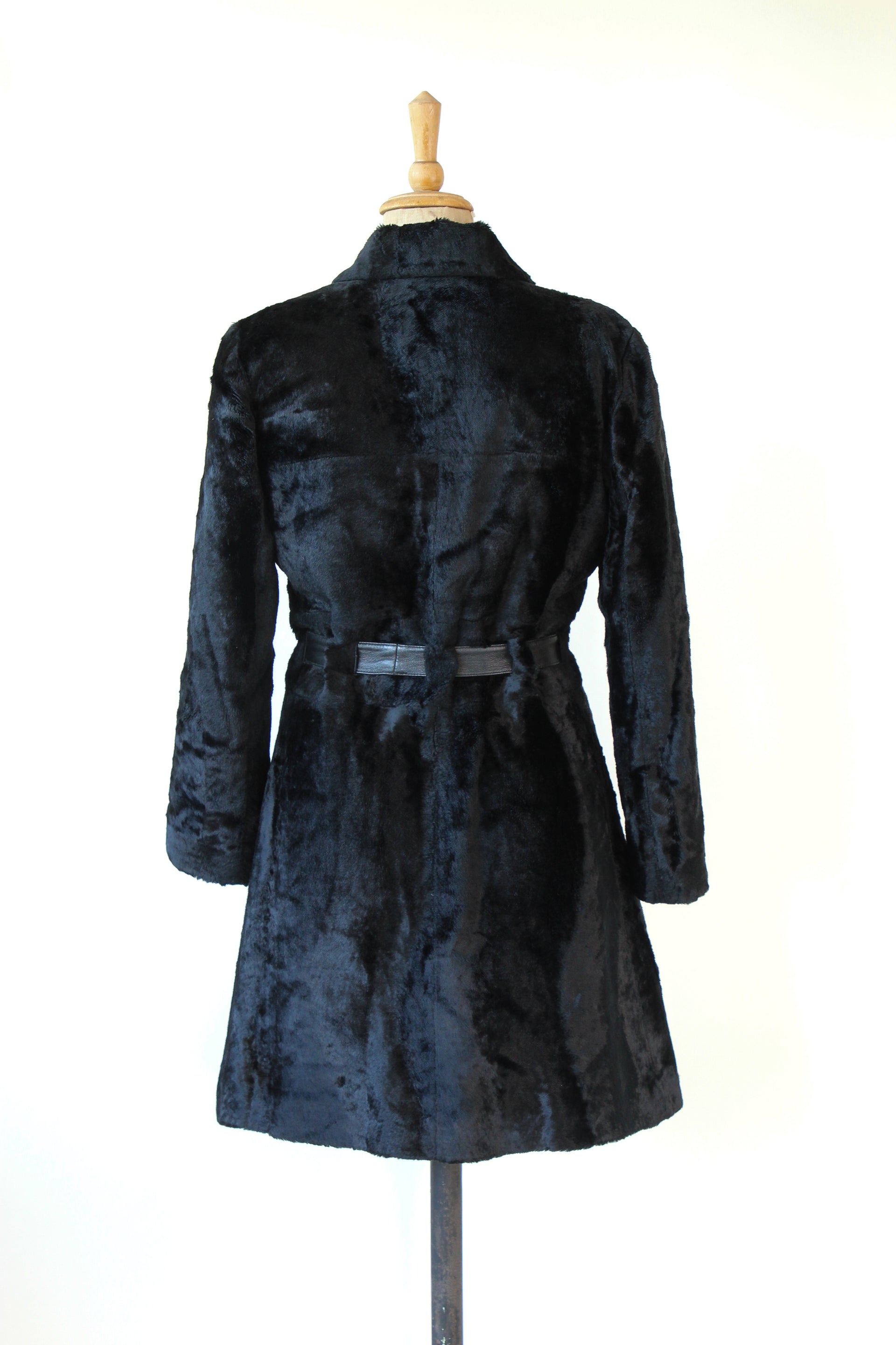 1980s Vintage Emporio Armani, Italy Black Belted Faux Fur Coat // Size M