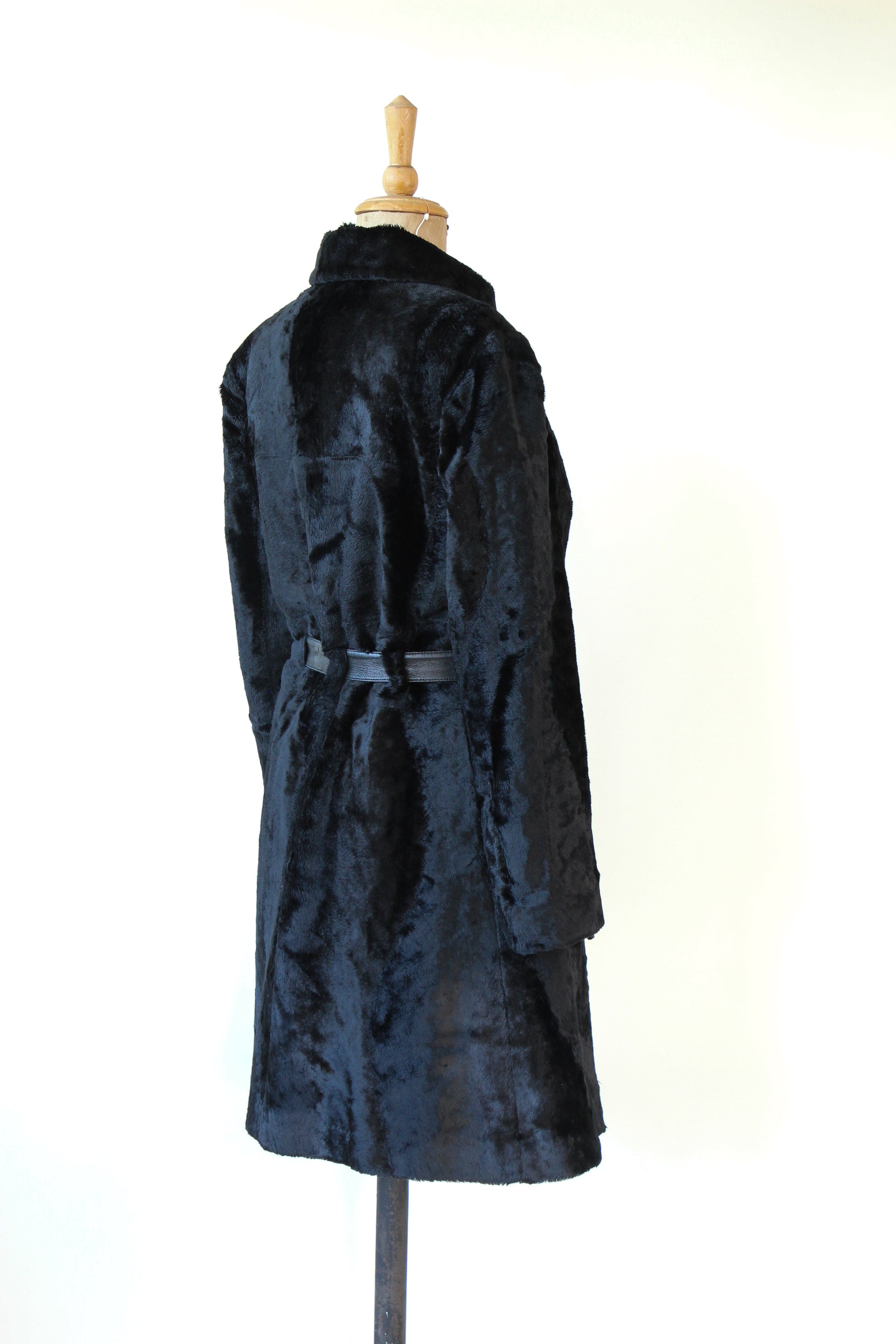1980s Vintage Emporio Armani, Italy Black Belted Faux Fur Coat // Size M