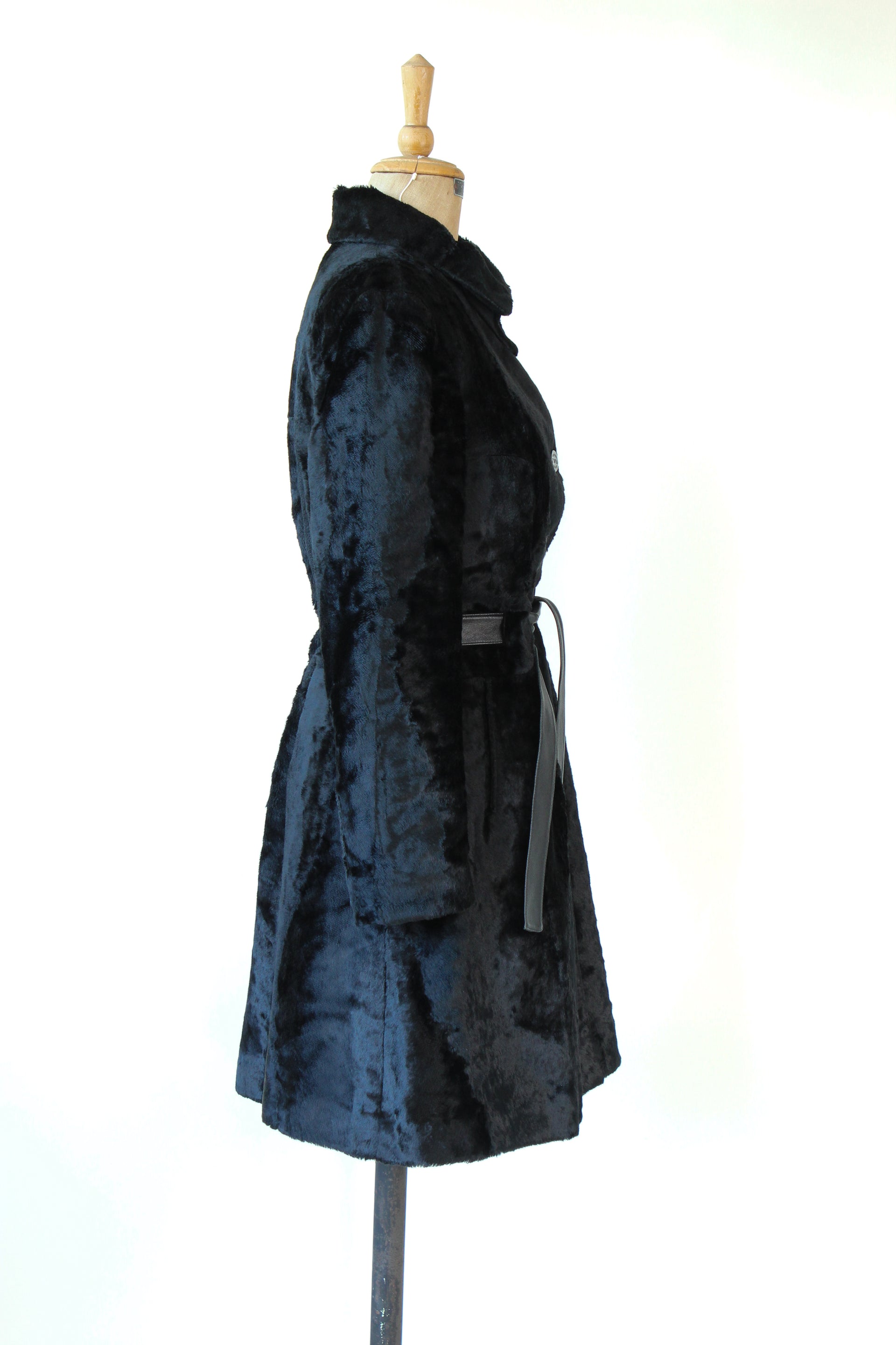 1980s Vintage Emporio Armani, Italy Black Belted Faux Fur Coat // Size M