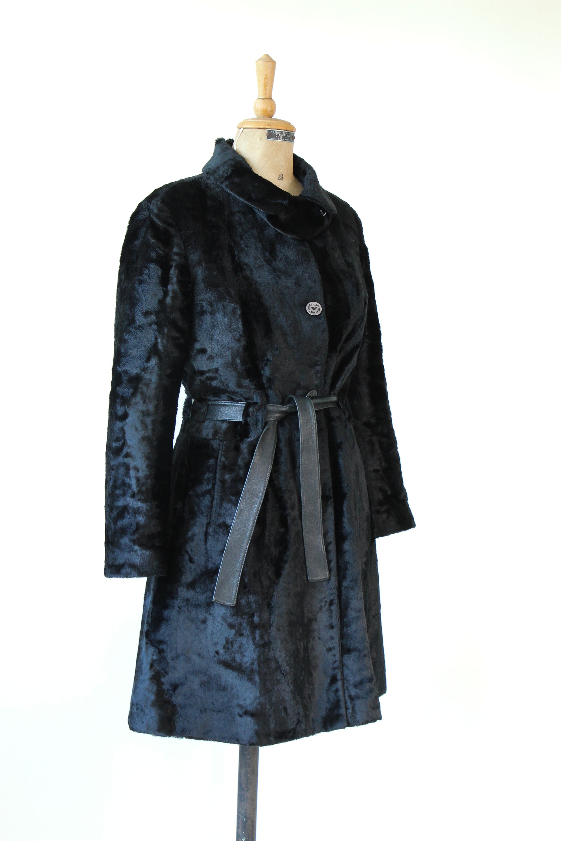 1980s Vintage Emporio Armani, Italy Black Belted Faux Fur Coat // Size M