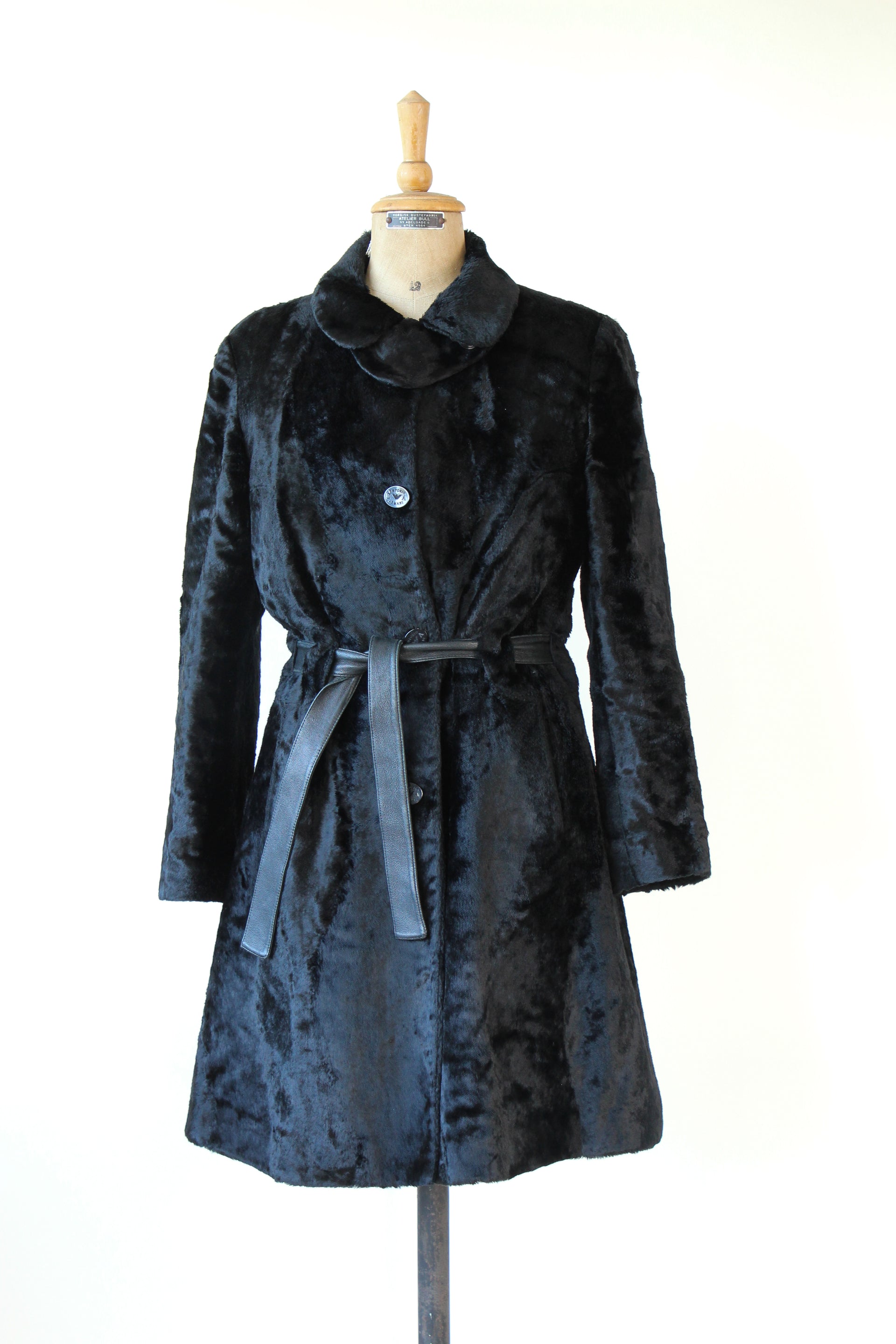1980s Vintage Emporio Armani, Italy Black Belted Faux Fur Coat // Size M