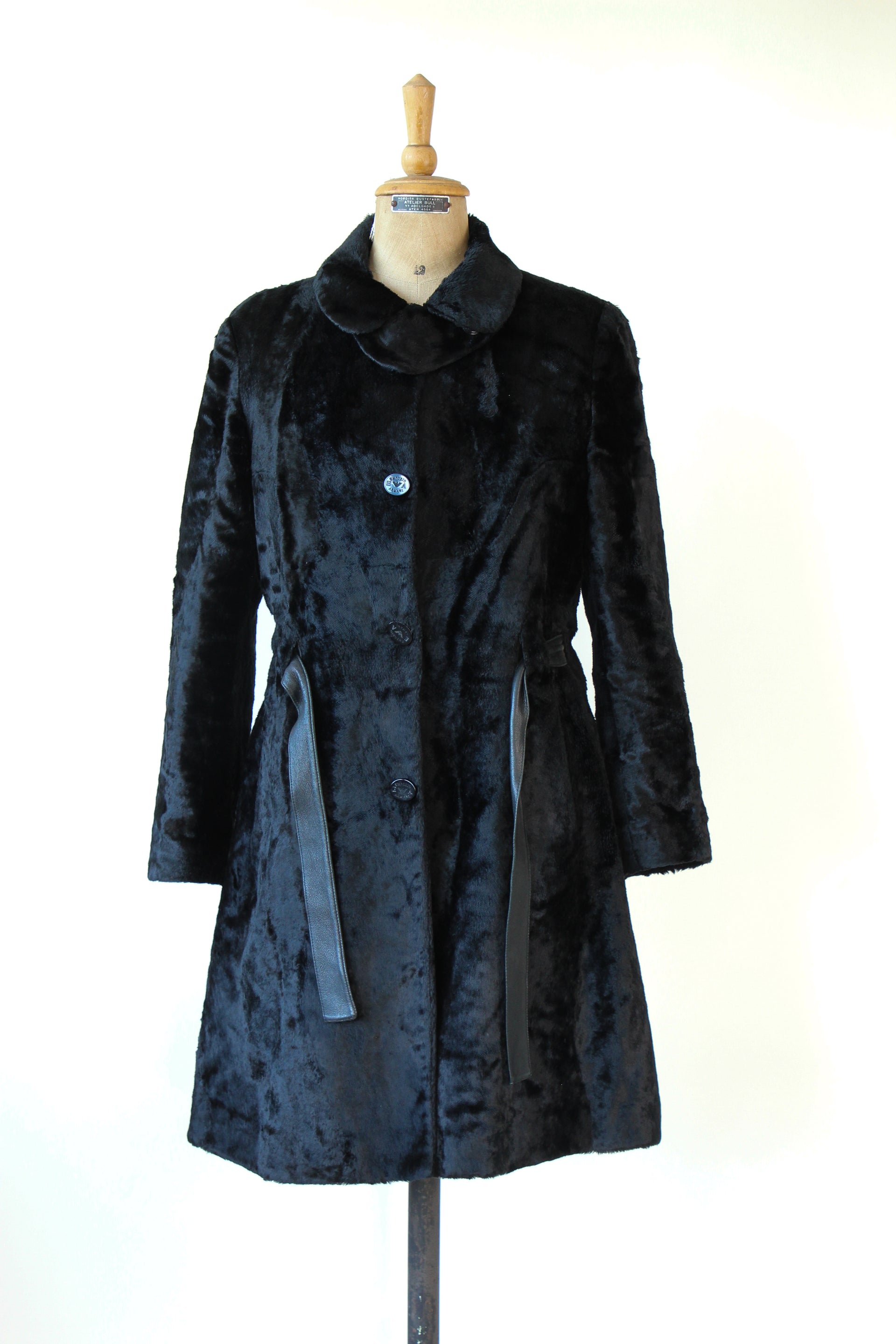 1980s Vintage Emporio Armani, Italy Black Belted Faux Fur Coat // Size M
