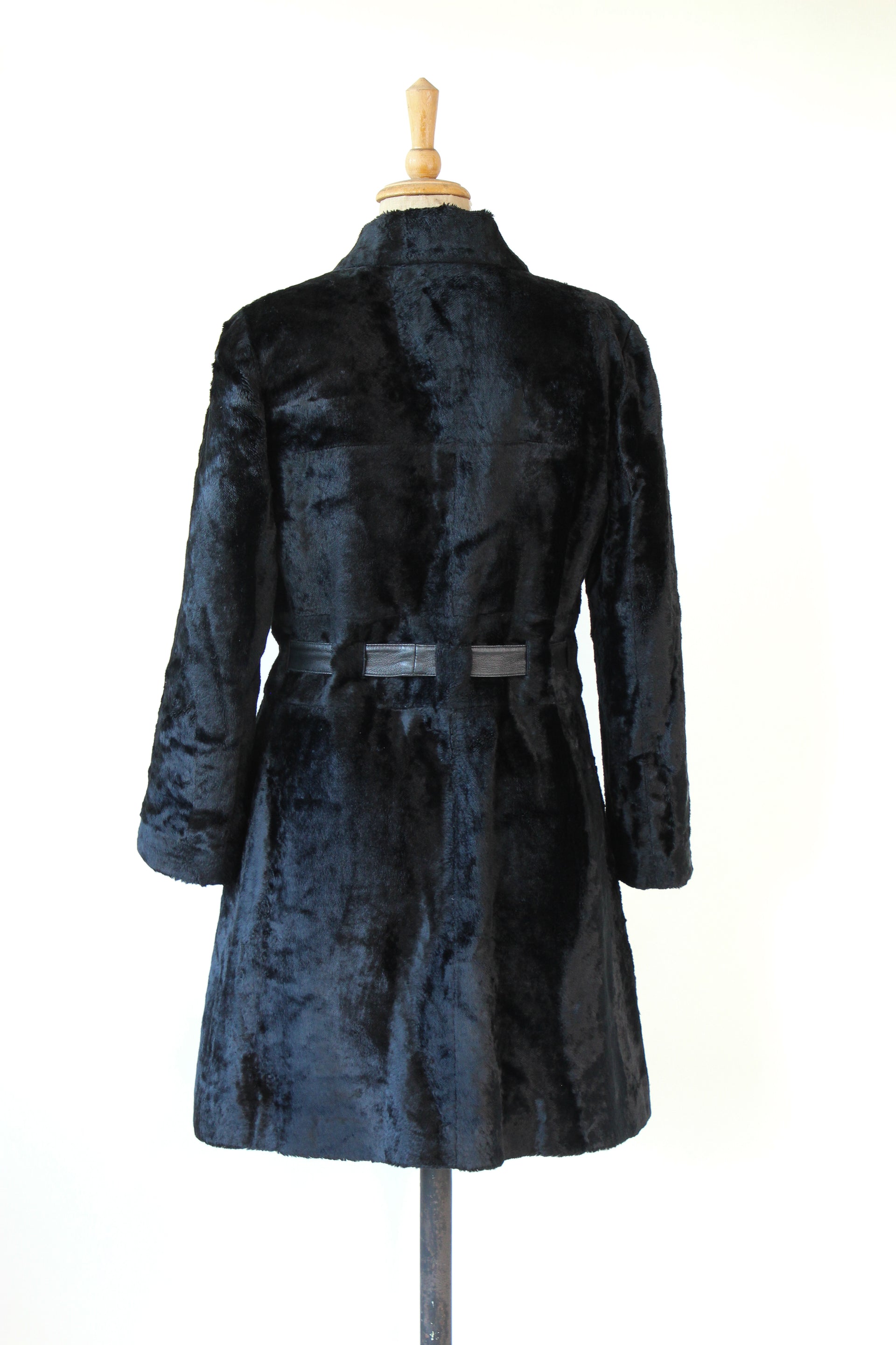 1980s Vintage Emporio Armani, Italy Black Belted Faux Fur Coat // Size M