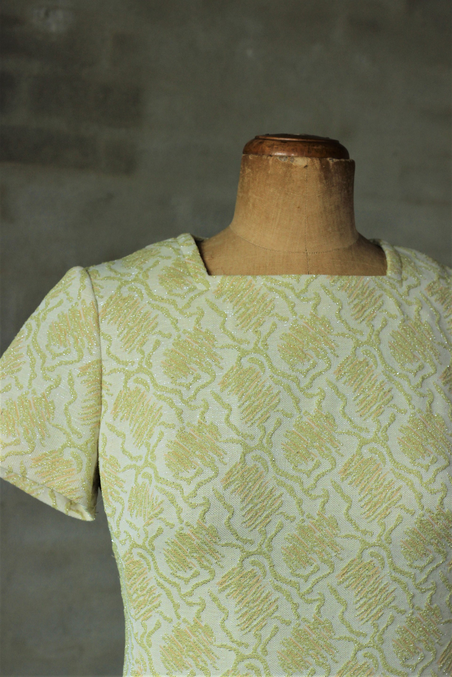 1960s Vintage Ivory Sage Green Brocade Dress and Coat//Size M