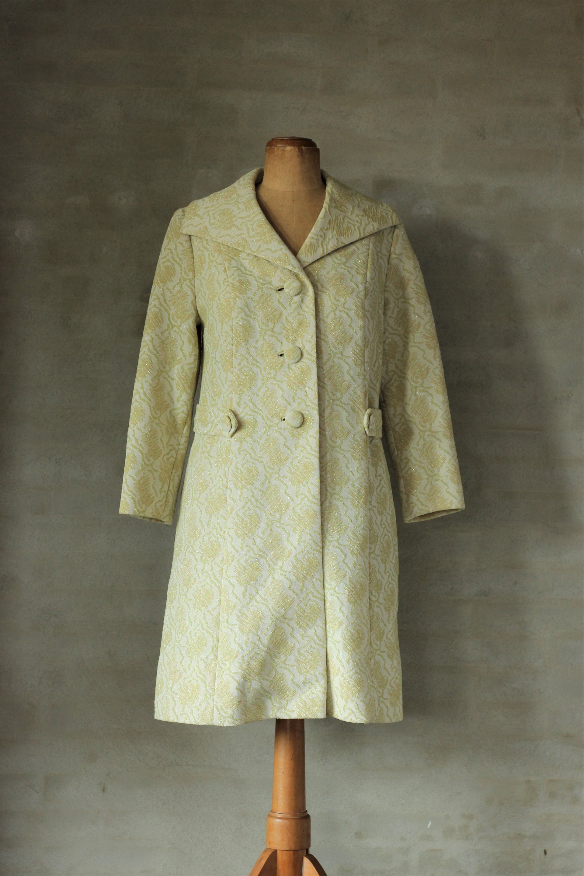 1960s Vintage Ivory Sage Green Brocade Dress and Coat//Size M