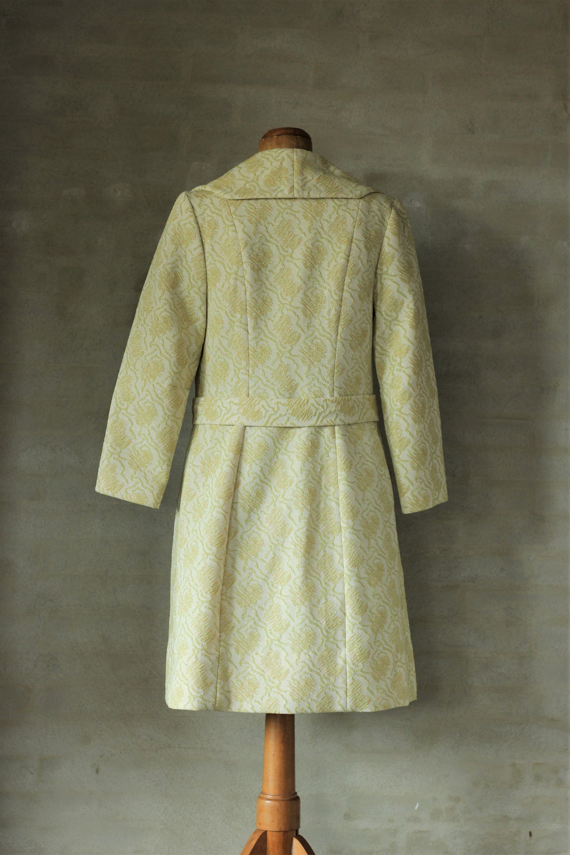 1960s Vintage Ivory Sage Green Brocade Dress and Coat//Size M