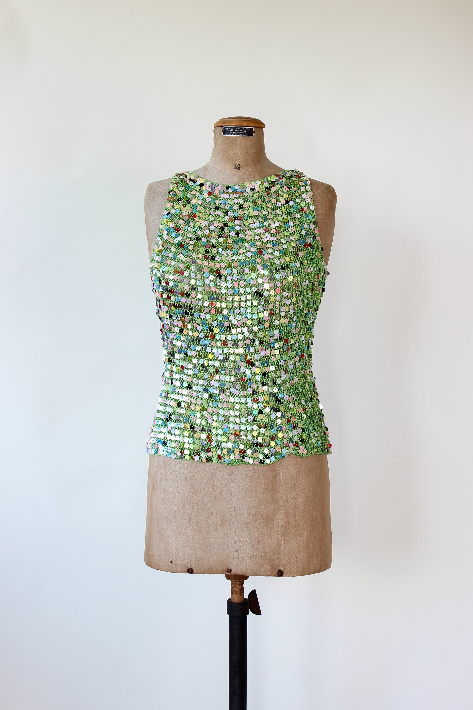1990s Vintage Green Crochet Glitter Tank Top with Sequins // Size S/M