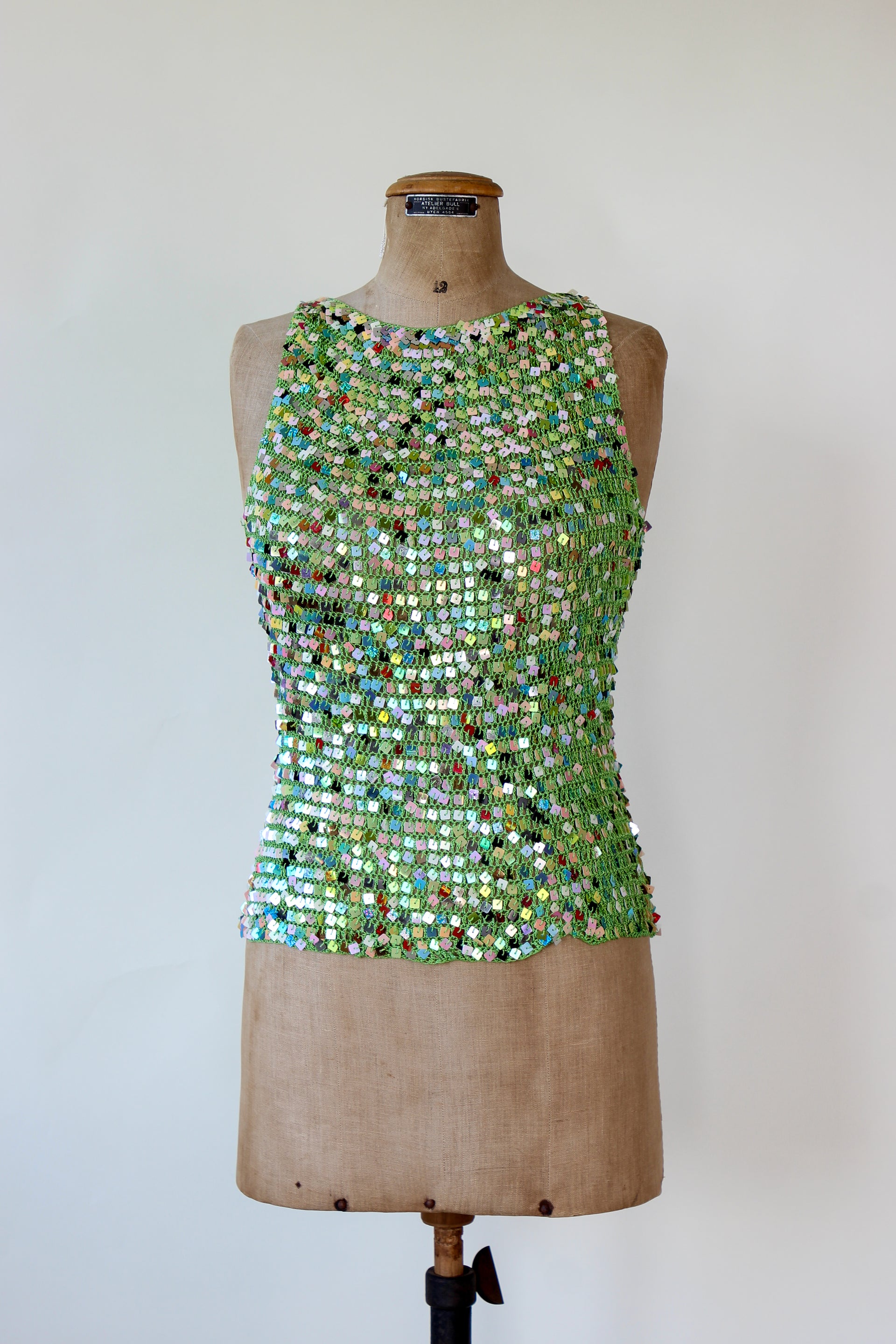 1990s Vintage Green Crochet Glitter Tank Top with Sequins // Size S/M