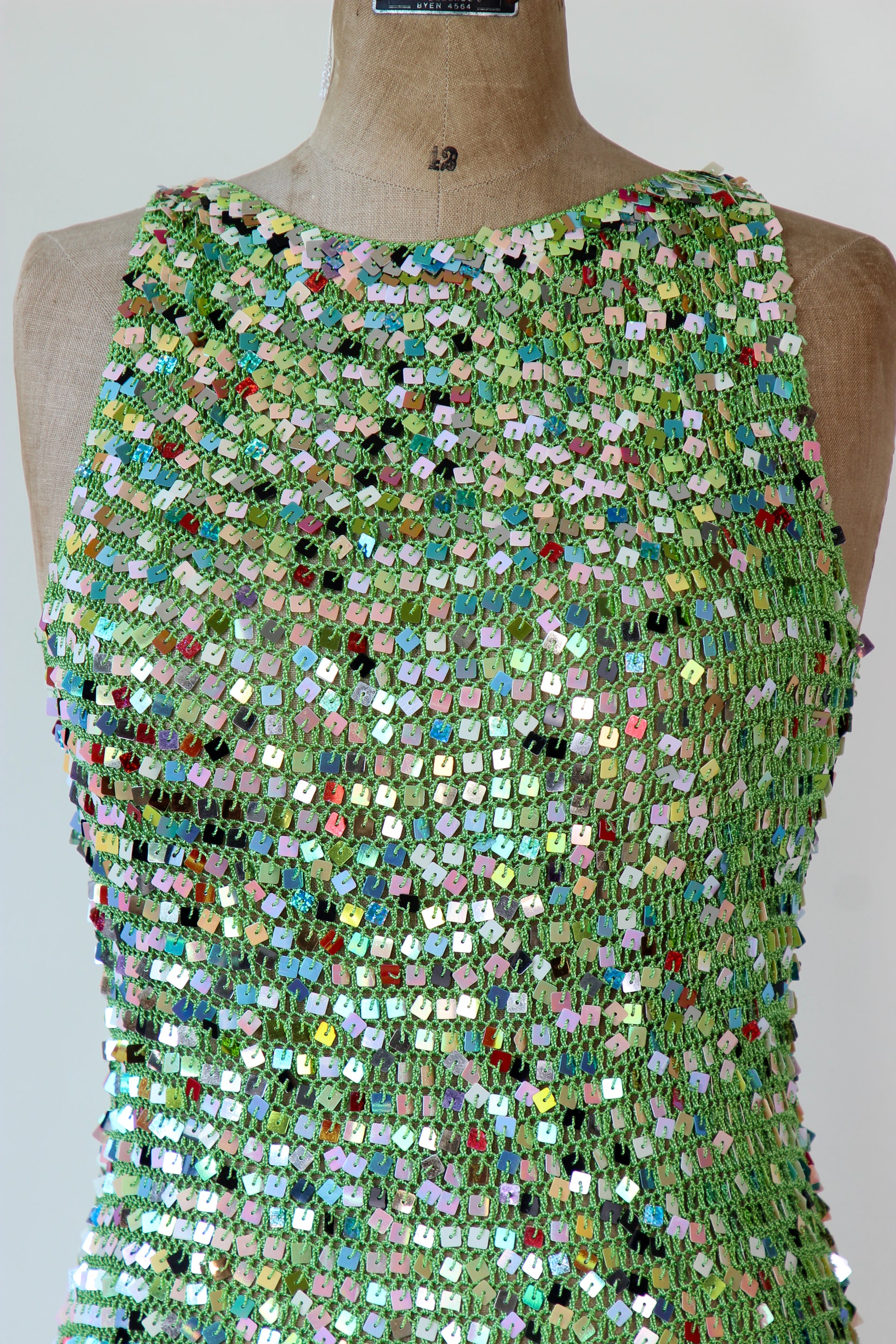 1990s Vintage Green Crochet Glitter Tank Top with Sequins // Size S/M