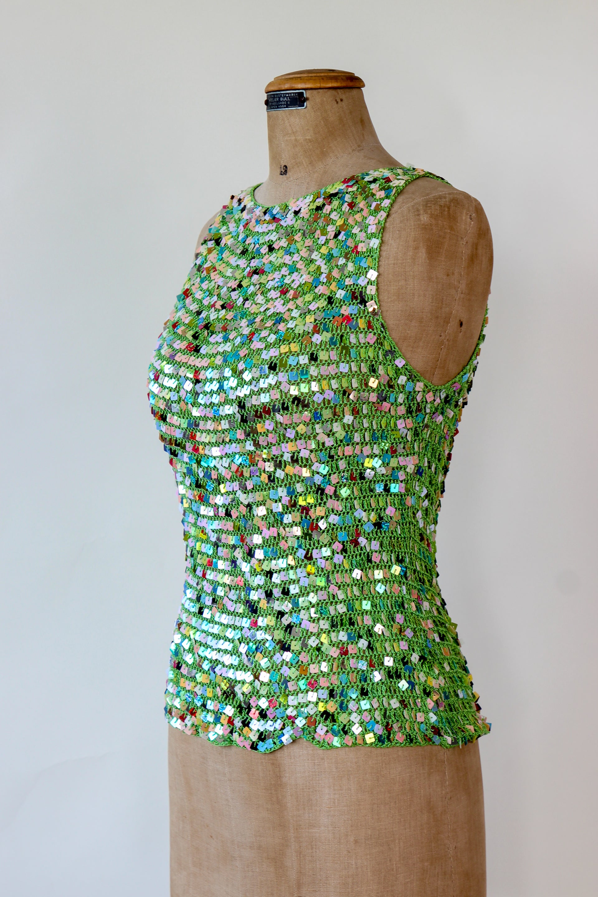 1990s Vintage Green Crochet Glitter Tank Top with Sequins // Size S/M