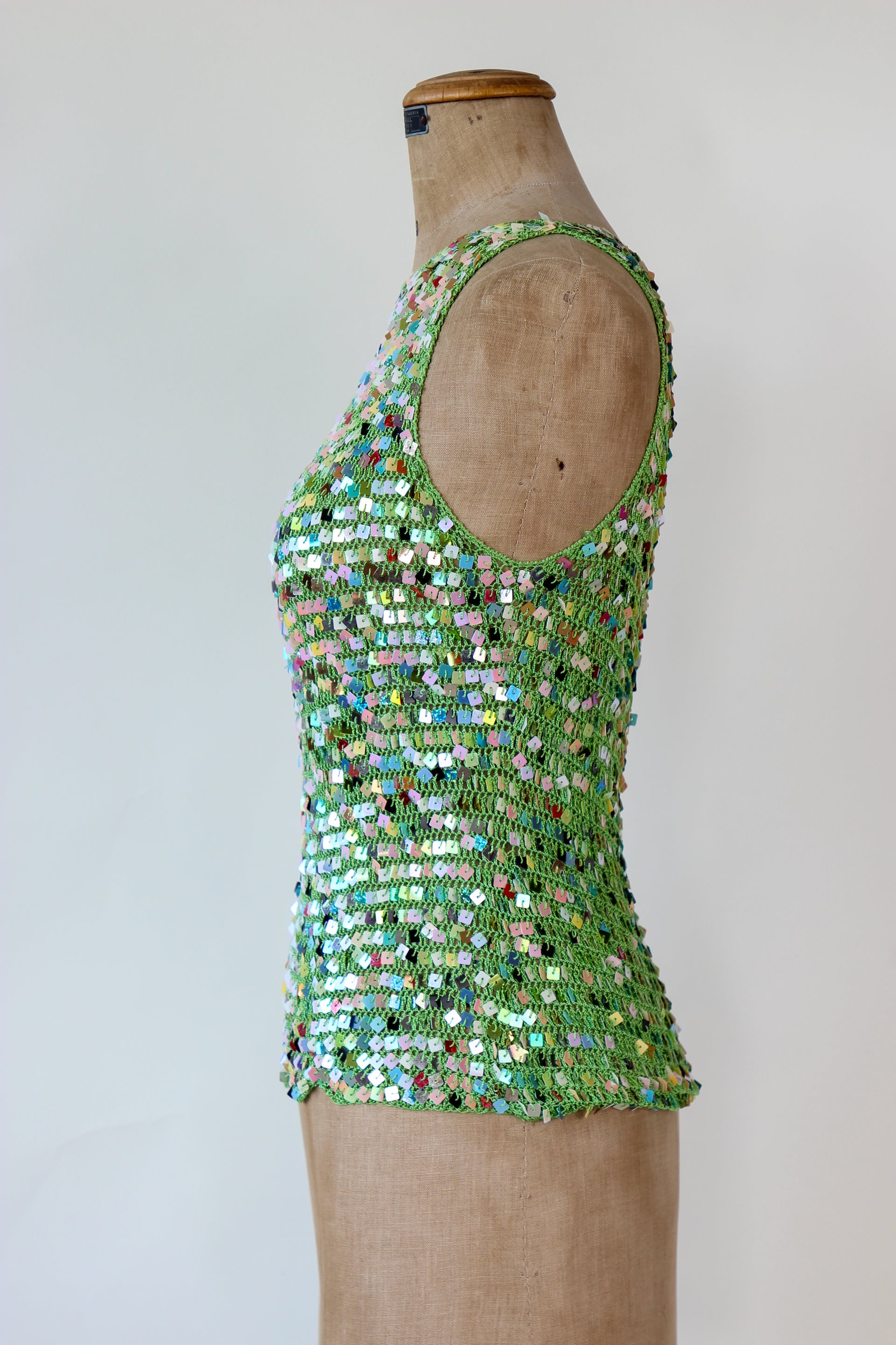 1990s Vintage Green Crochet Glitter Tank Top with Sequins // Size S/M