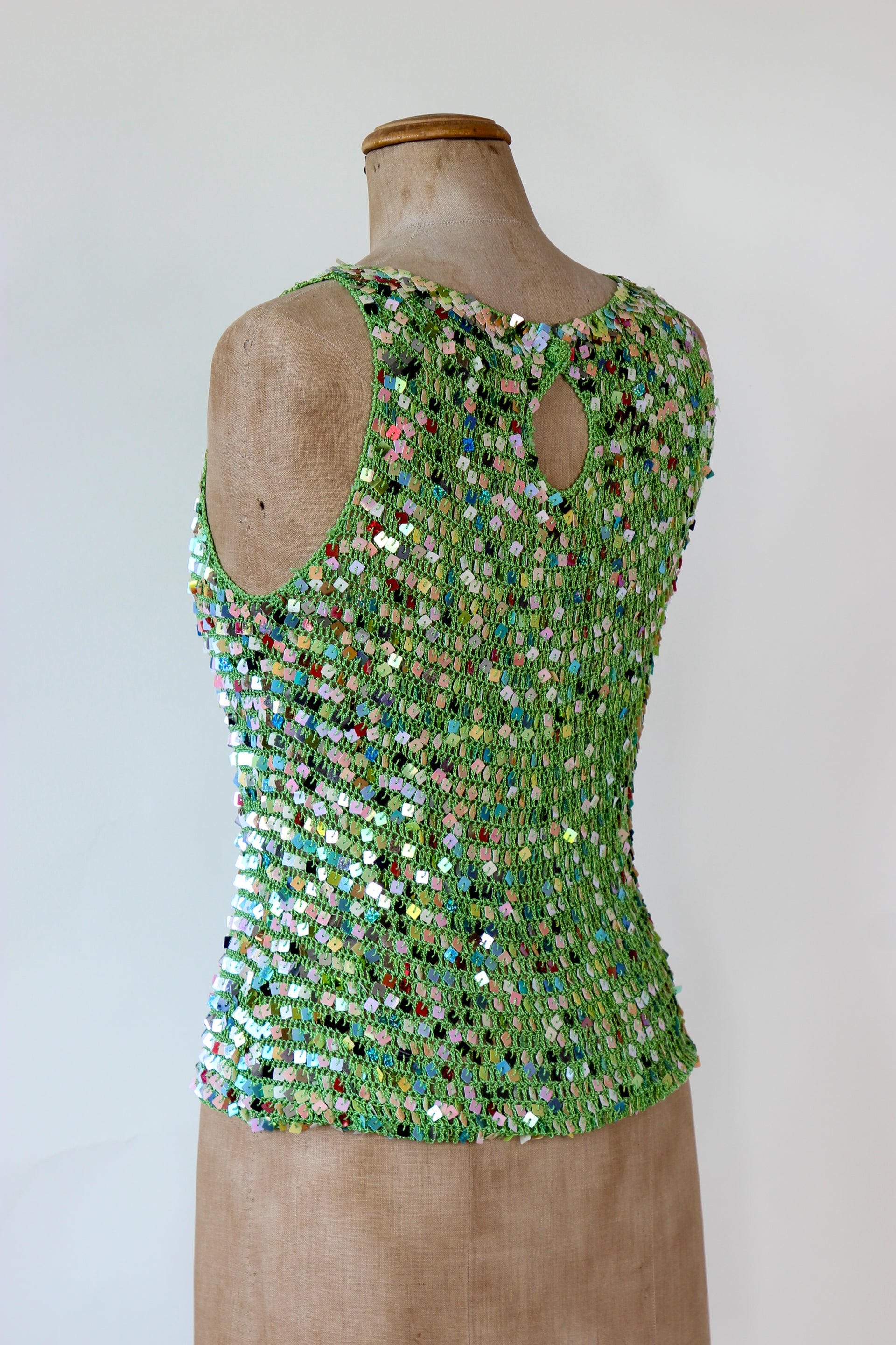 1990s Vintage Green Crochet Glitter Tank Top with Sequins // Size S/M