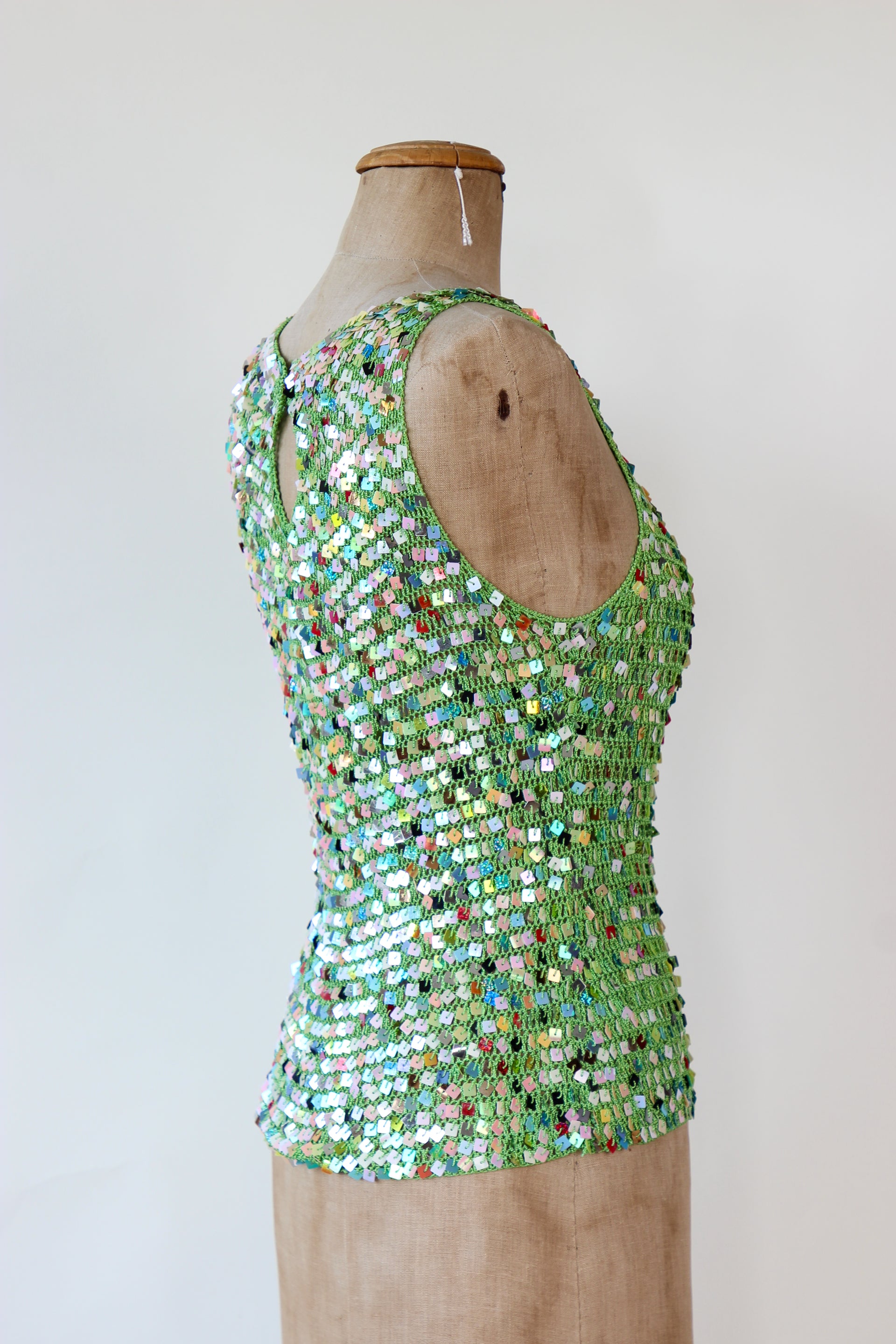 1990s Vintage Green Crochet Glitter Tank Top with Sequins // Size S/M