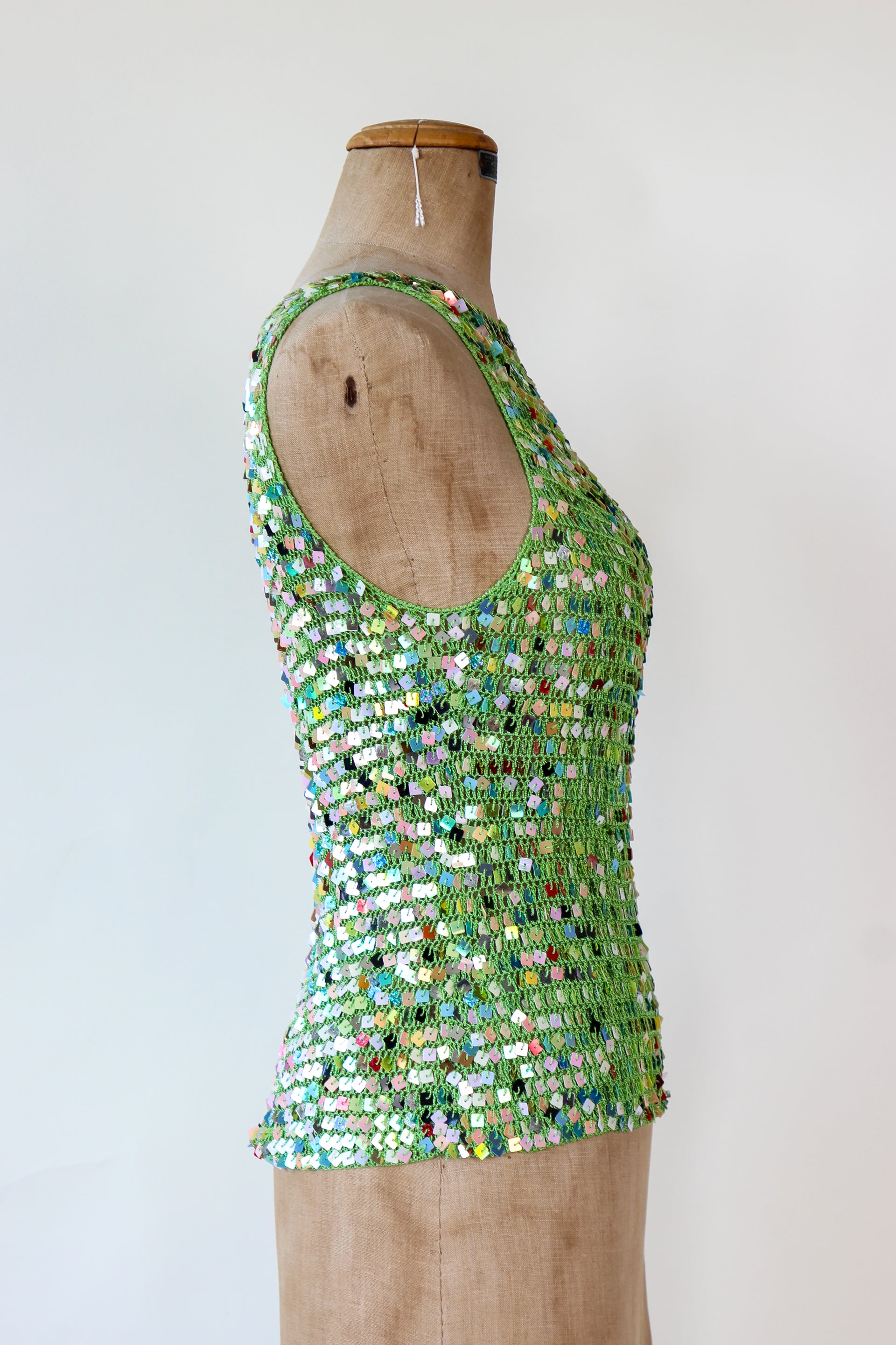 1990s Vintage Green Crochet Glitter Tank Top with Sequins // Size S/M
