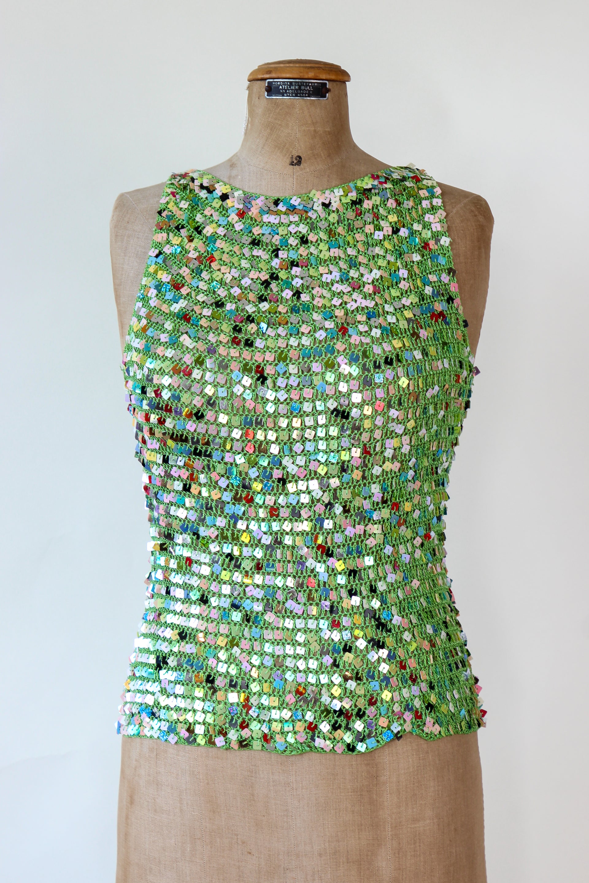 1990s Vintage Green Crochet Glitter Tank Top with Sequins // Size S/M