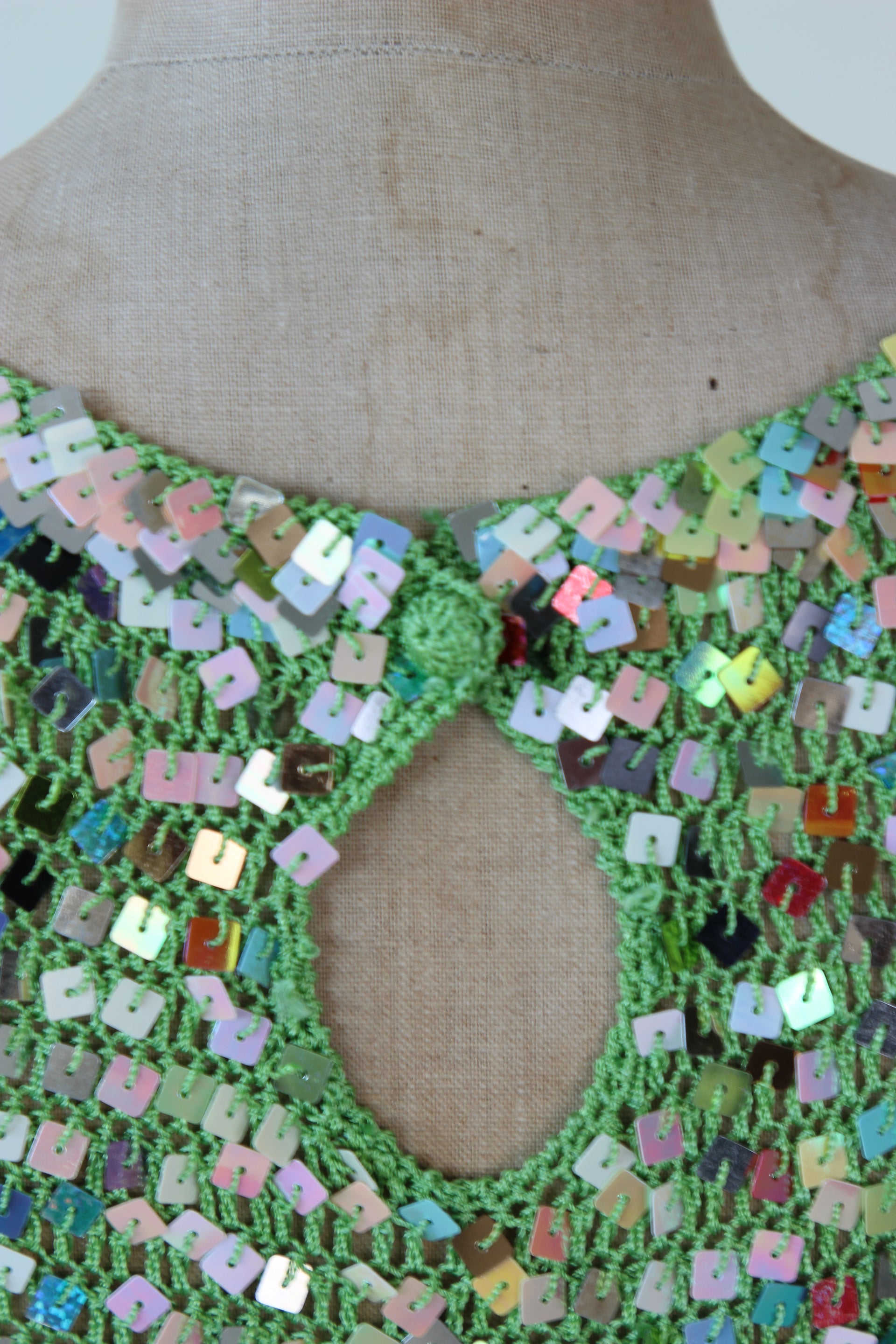 1990s Vintage Green Crochet Glitter Tank Top with Sequins // Size S/M