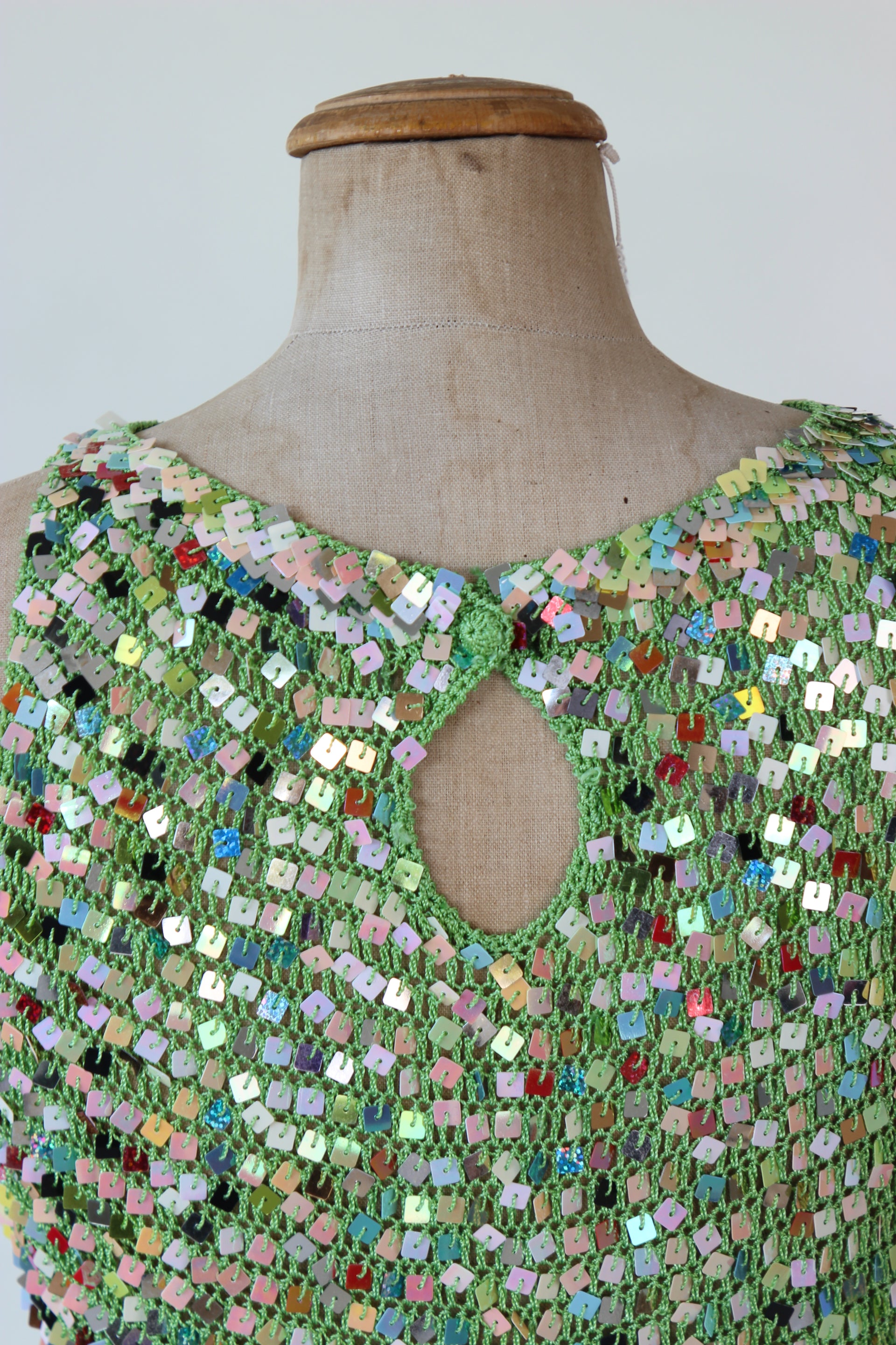 1990s Vintage Green Crochet Glitter Tank Top with Sequins // Size S/M