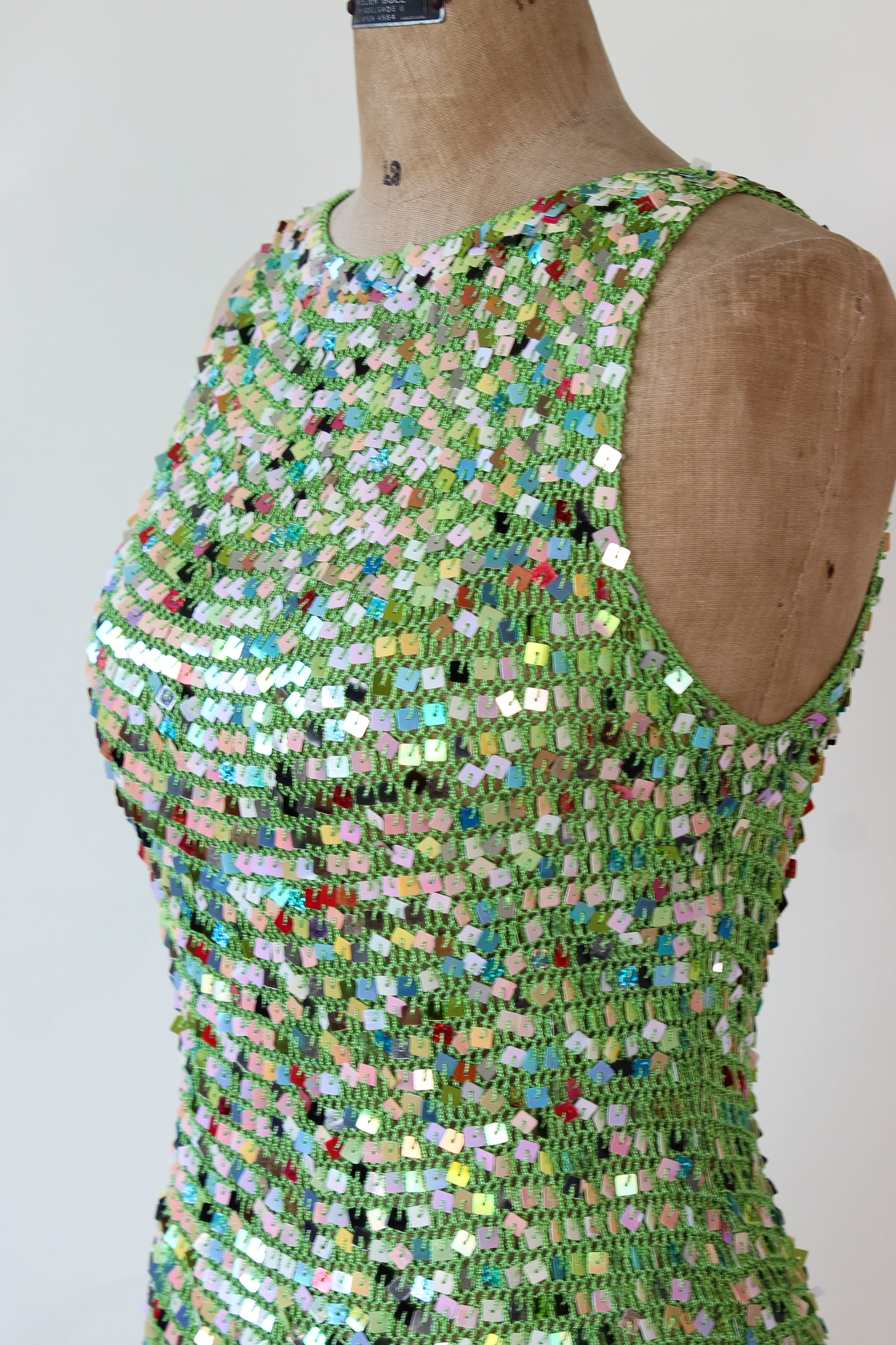 1990s Vintage Green Crochet Glitter Tank Top with Sequins // Size S/M