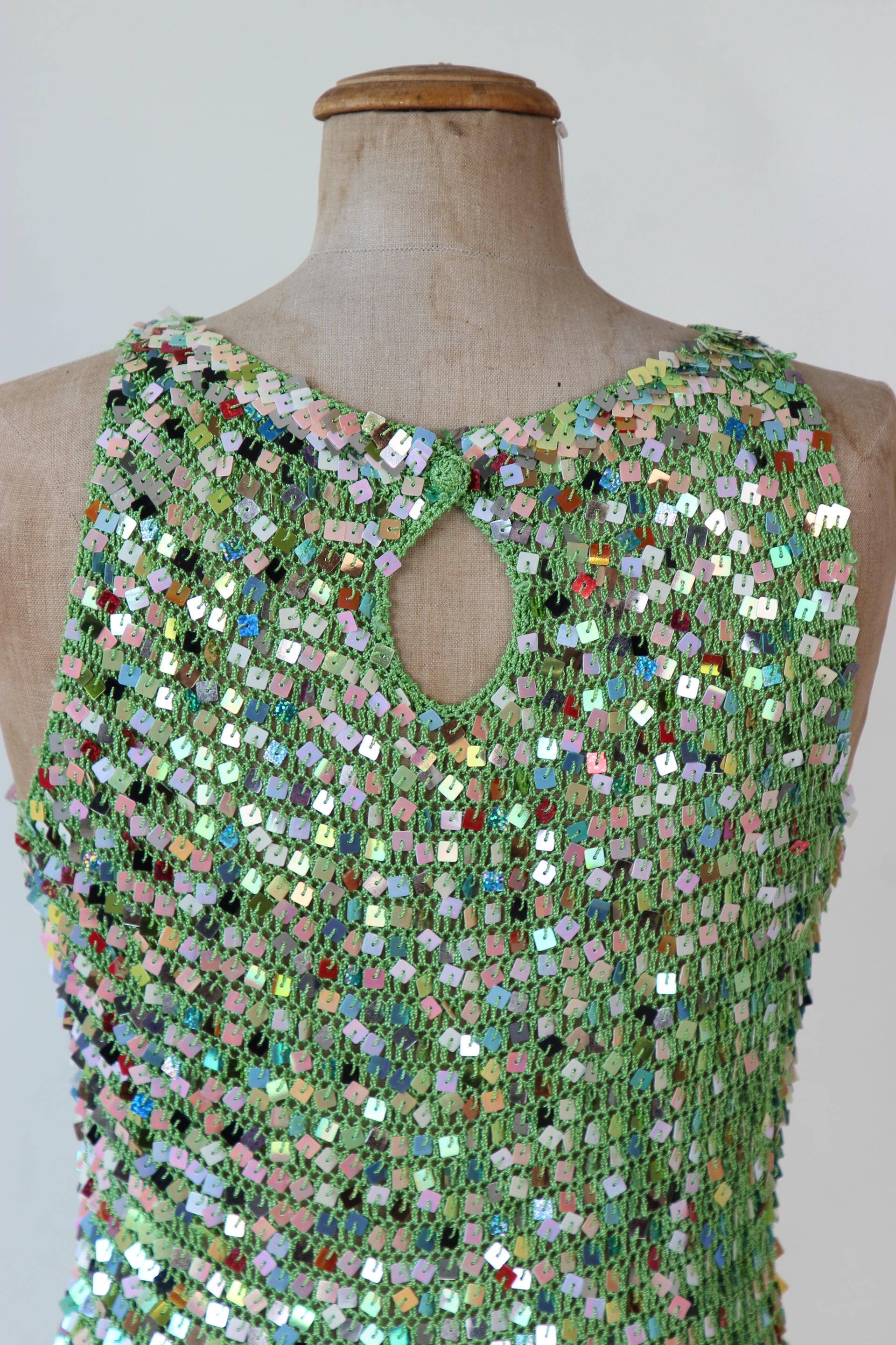 1990s Vintage Green Crochet Glitter Tank Top with Sequins // Size S/M