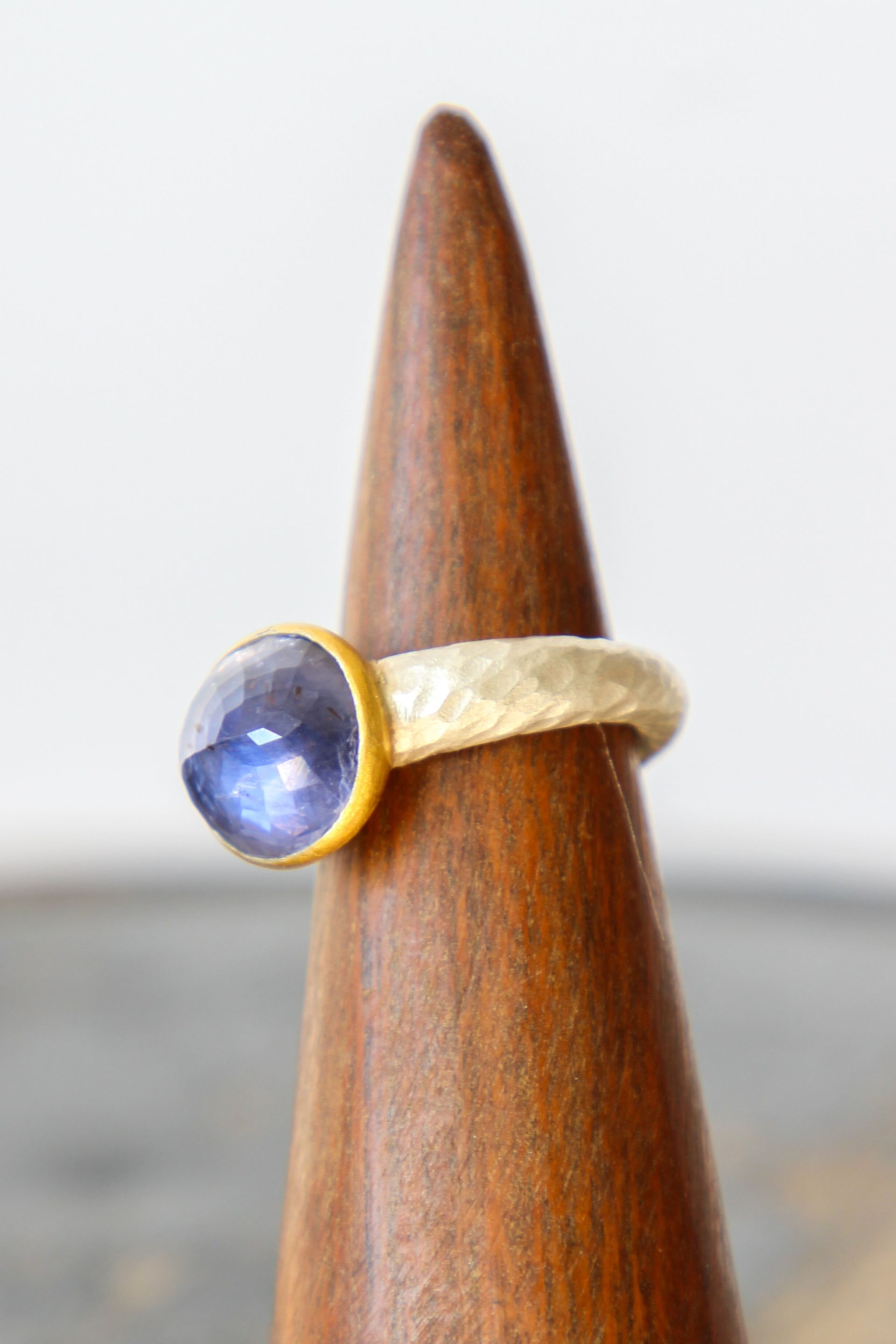 Handmade Iolite Cup Ring // Poppy Dandiya Ring // Hammered Sterling Silver // 24K Filled Gold // Size 53