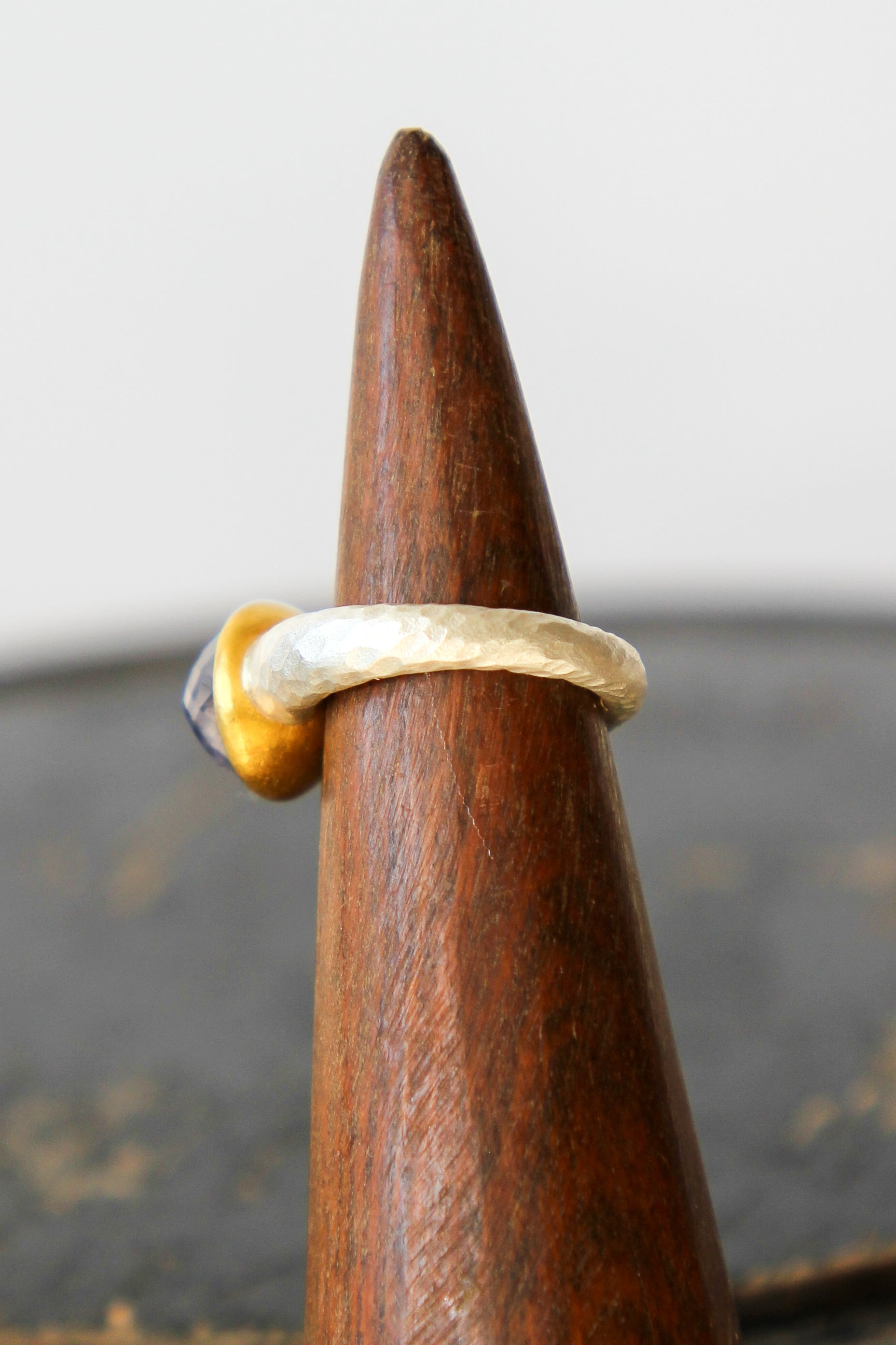 Handmade Iolite Cup Ring // Poppy Dandiya Ring // Hammered Sterling Silver // 24K Filled Gold // Size 53