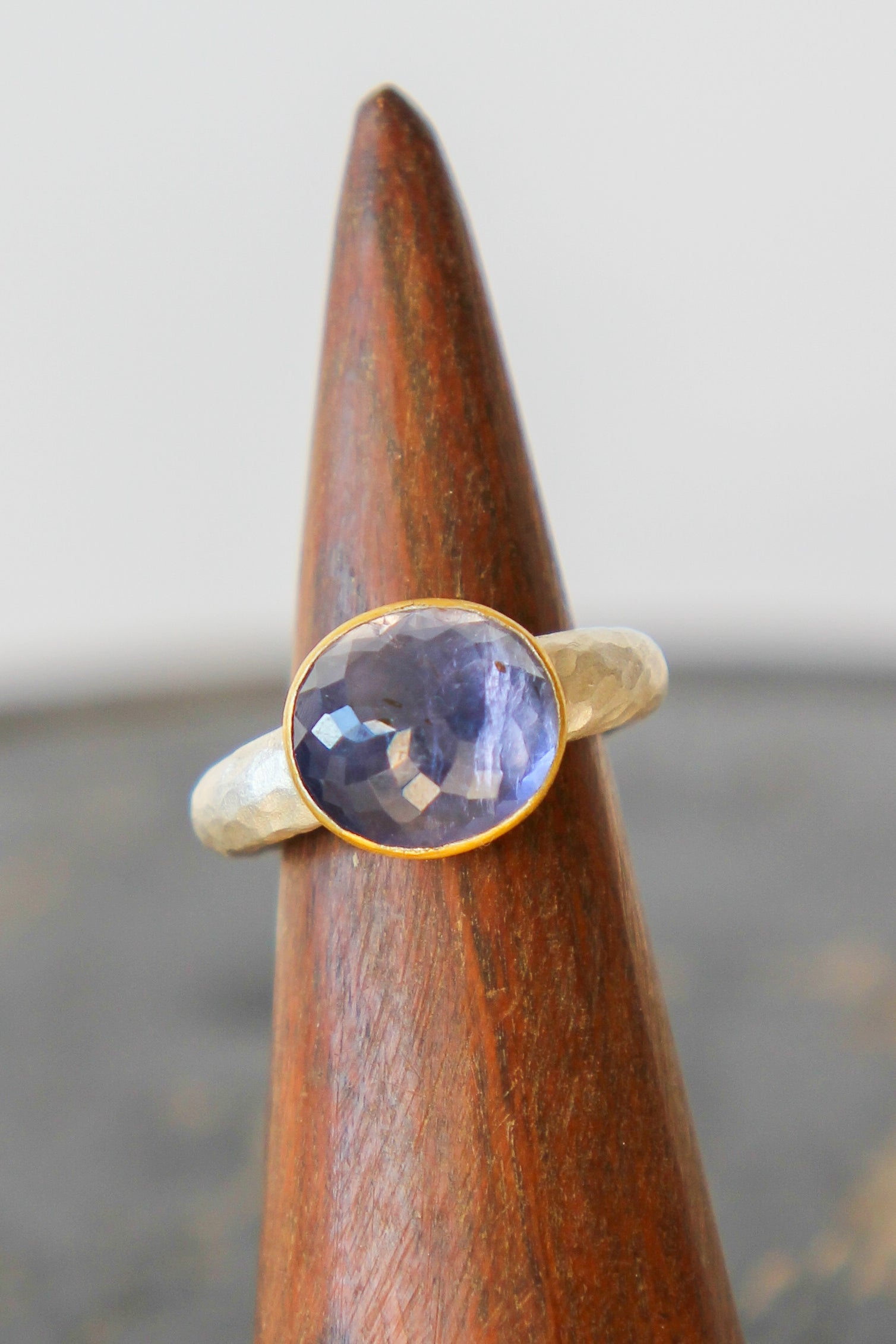 Handmade Iolite Cup Ring // Poppy Dandiya Ring // Hammered Sterling Silver // 24K Filled Gold // Size 53