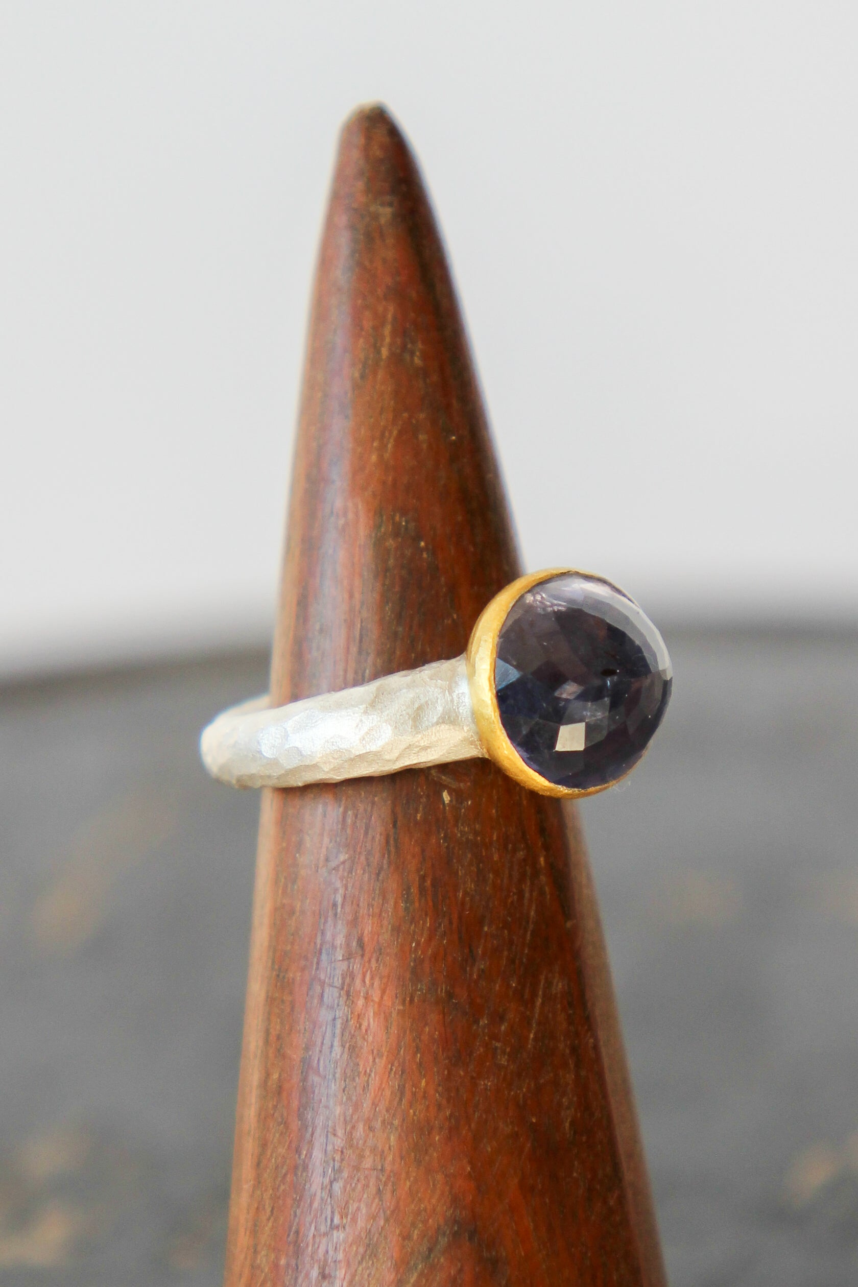 Handmade Iolite Cup Ring // Poppy Dandiya Ring // Hammered Sterling Silver // 24K Filled Gold // Size 53