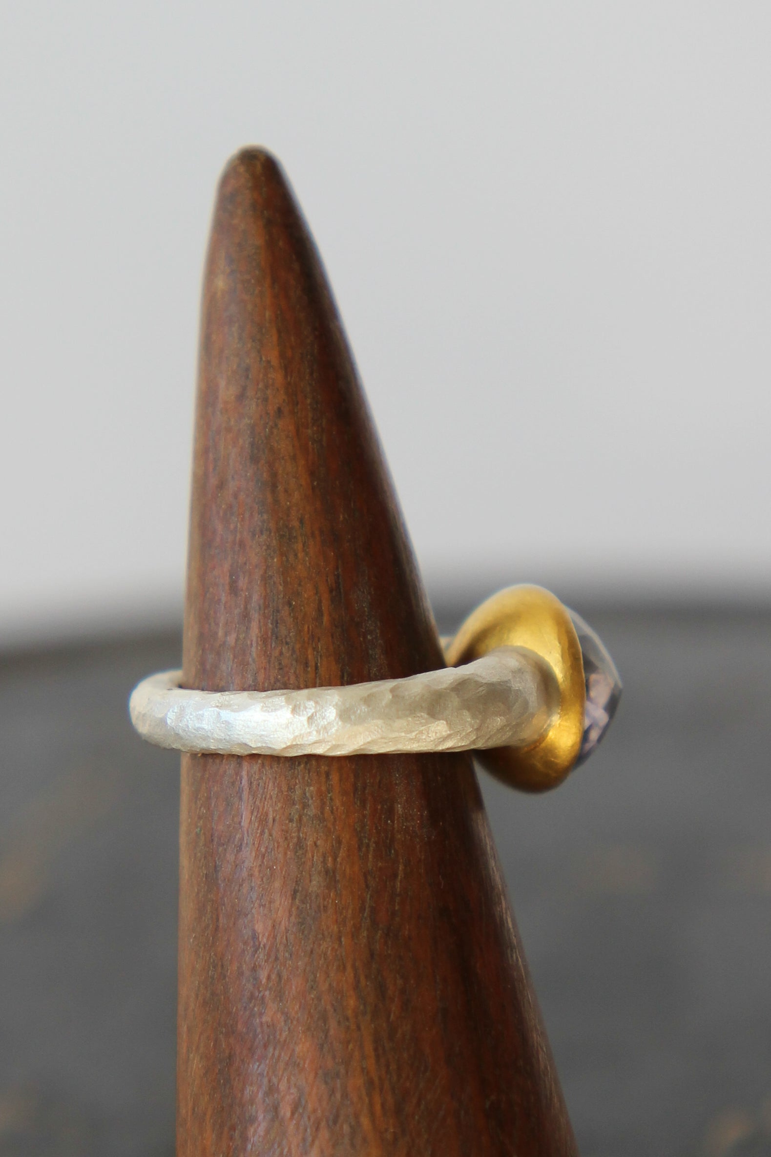 Handmade Iolite Cup Ring // Poppy Dandiya Ring // Hammered Sterling Silver // 24K Filled Gold // Size 53