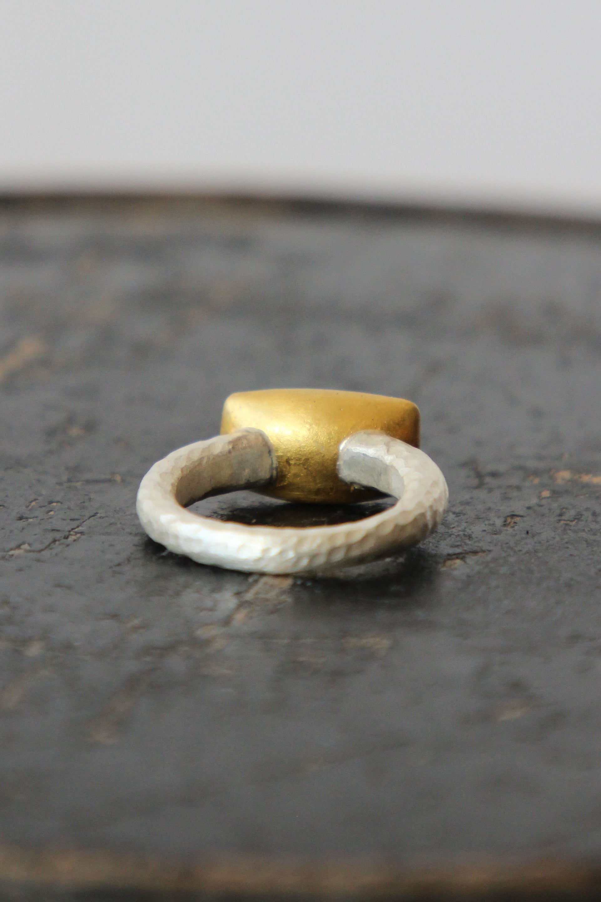 Handmade Aquamarine Cup Ring // Poppy Dandiya // Hammered Sterling Silver // 24K Filled Gold // Size 54
